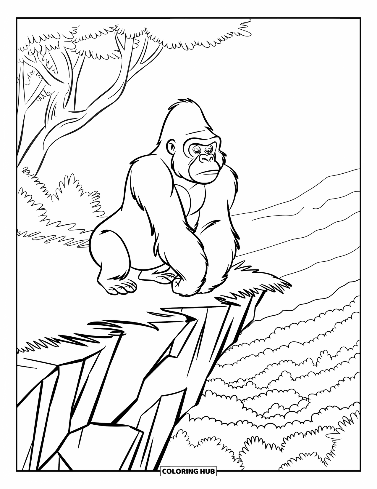 Disegno di gorilla da colorare per bambini: Un gorilla con le gambe incrociate si gode la vista su una profonda foresta pluviale