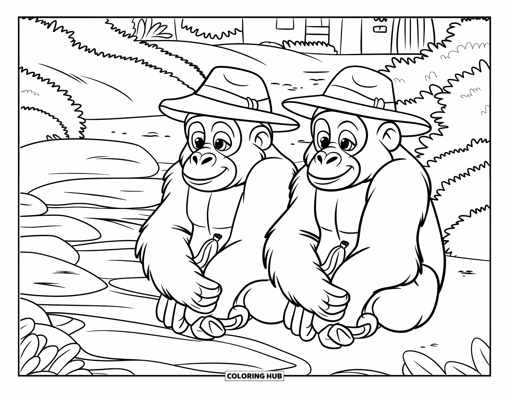 Disegno di gorilla da colorare per bambini: Gorilla con cappelli si godono le banane accanto al verde e agli edifici lontani