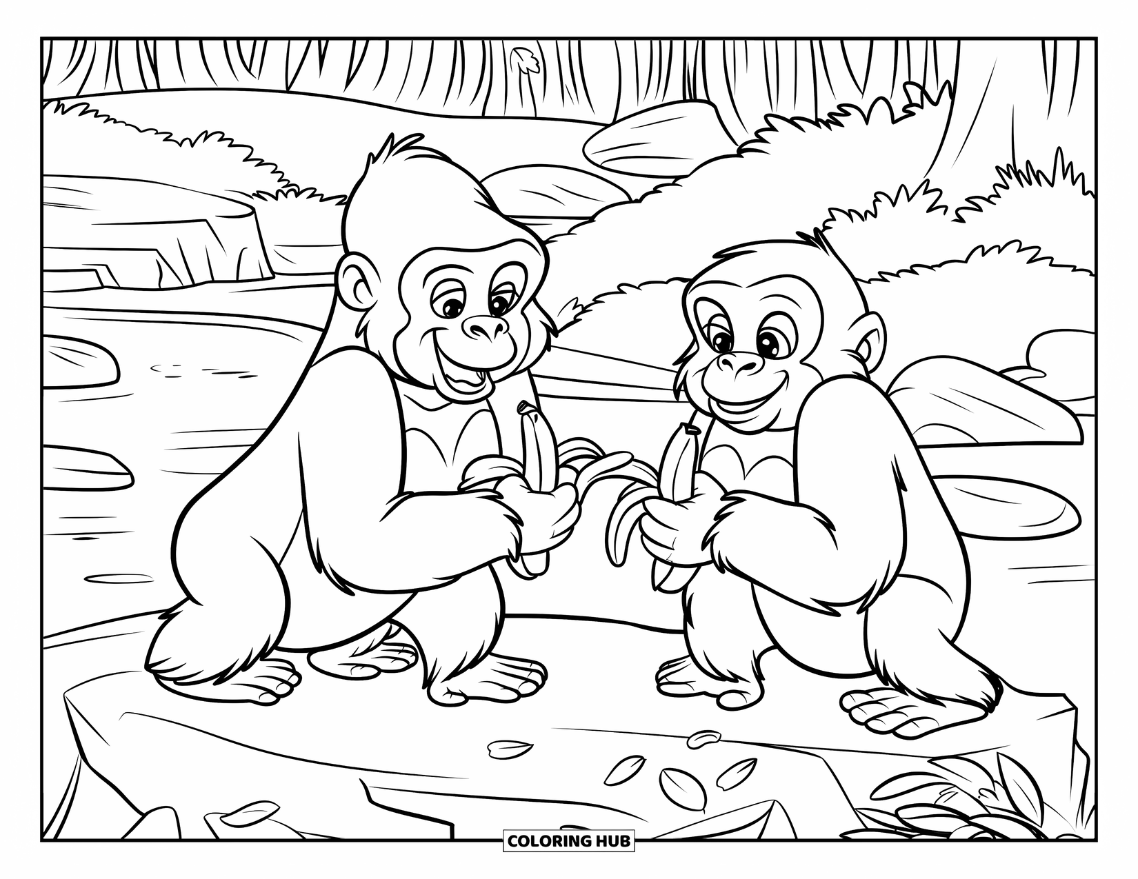 Disegno di gorilla da colorare per bambini: I gorilla sono seduti felicemente sulle rocce, mangiando banane in una radura nella foresta