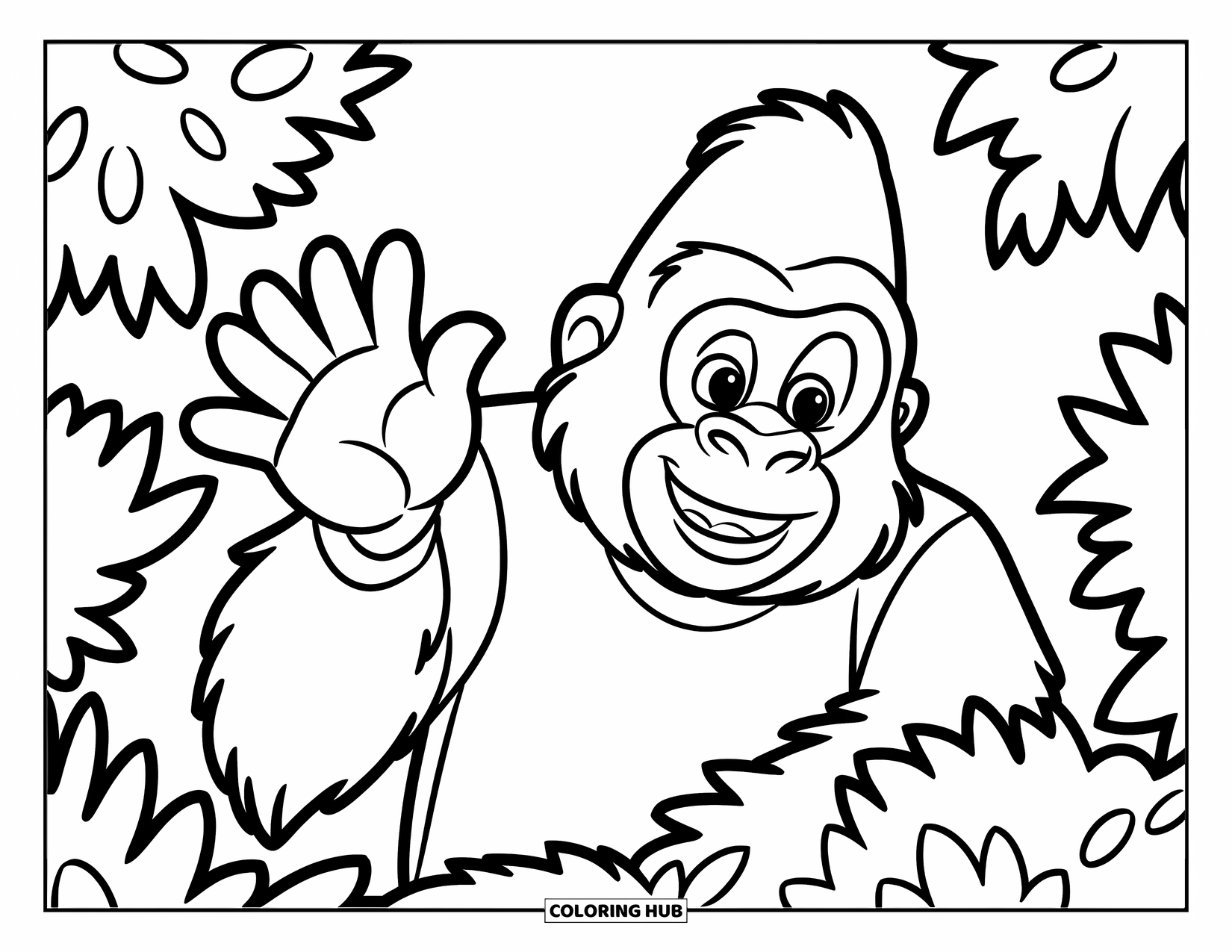 Disegno di gorilla da colorare per bambini: Un gorilla felice con una maglietta saluta da dietro un semplice cespuglio frondoso