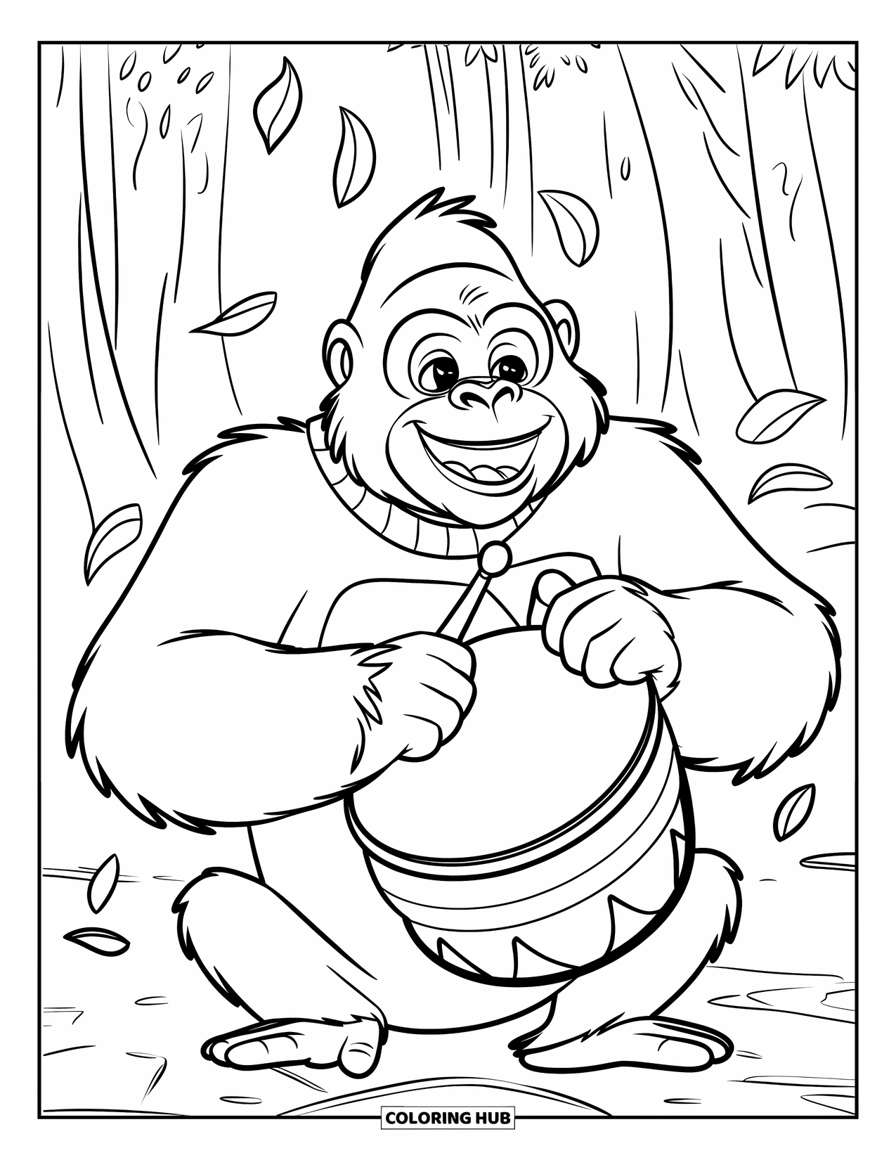 Disegno di gorilla da colorare per bambini: Un gorilla felice con un maglione si batte il petto nella foresta