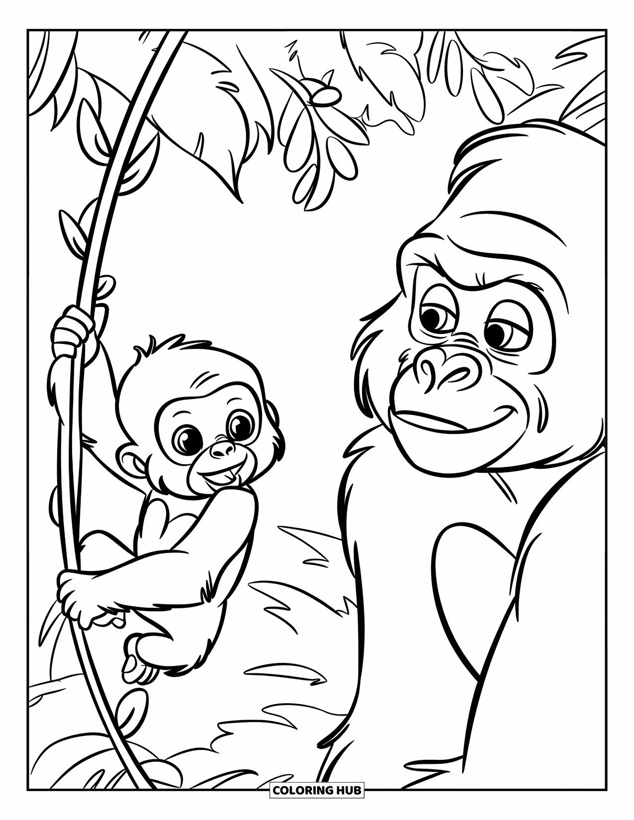 Disegno di gorilla da colorare per bambini: Un piccolo gorilla si arrampica su una liana mentre il suo genitore lo osserva nella giungla