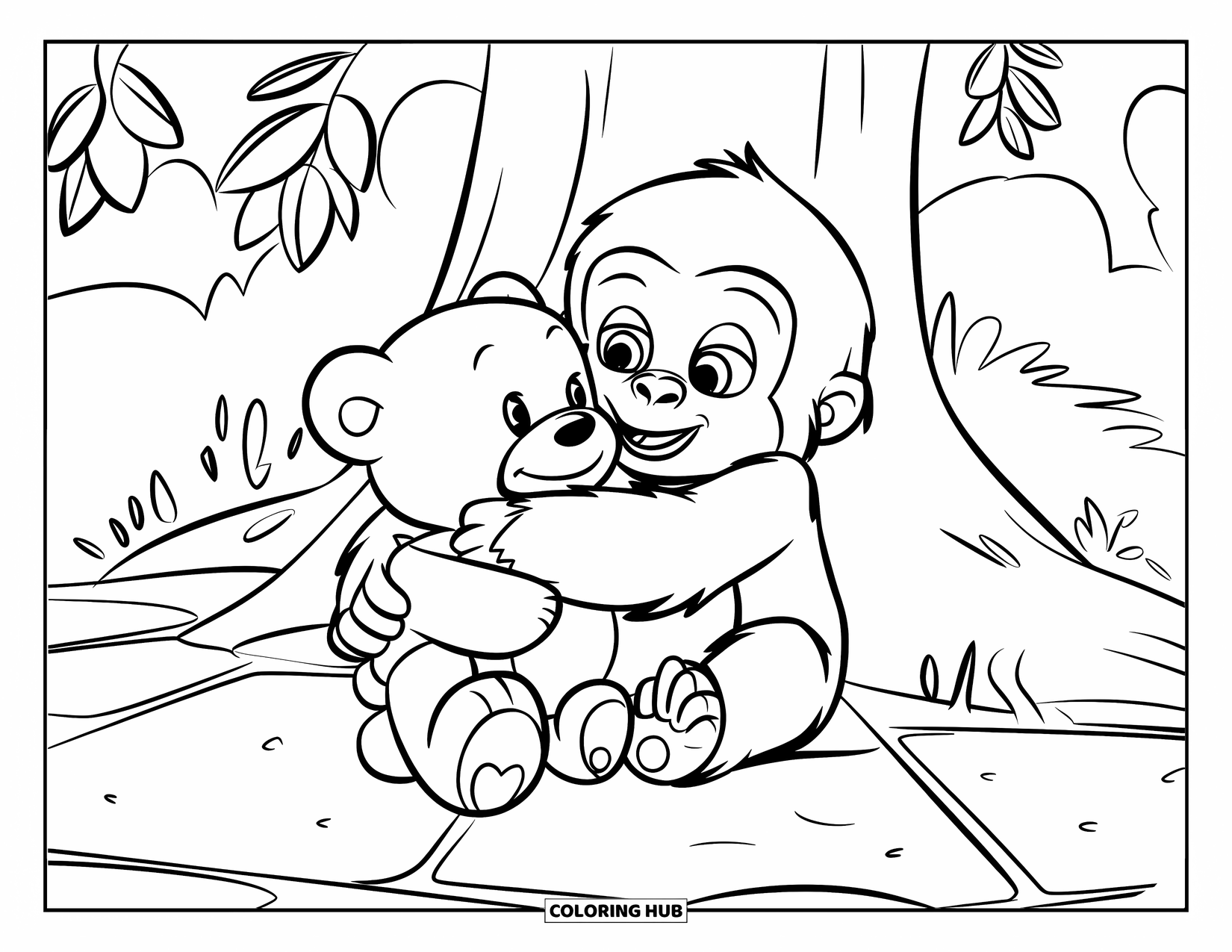 Disegno di gorilla da colorare per bambini: Un piccolo gorilla coccola il suo orsacchiotto mentre è seduto su un terreno roccioso