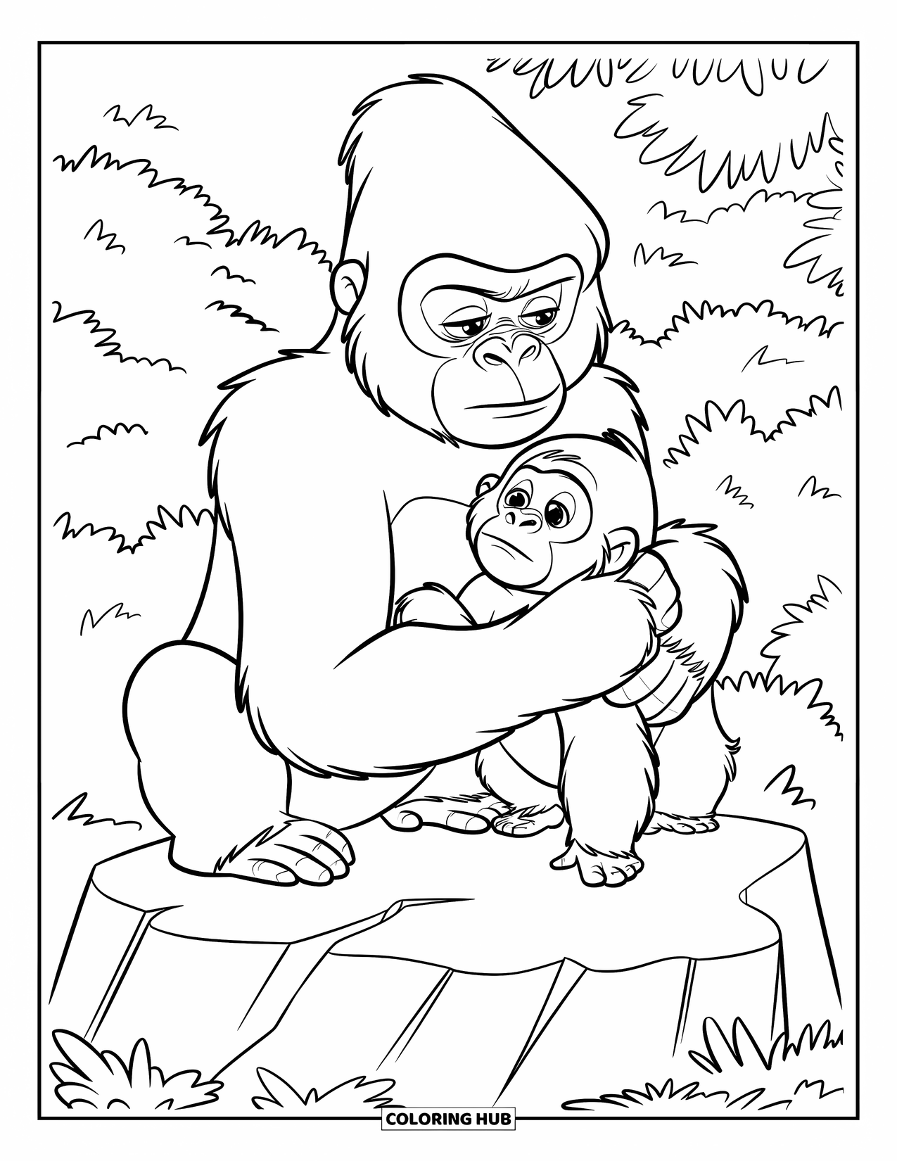 Disegno di gorilla da colorare per bambini: Mamma e cucciolo di gorilla condividono un tranquillo momento di pulizia nella foresta illuminata dal sole