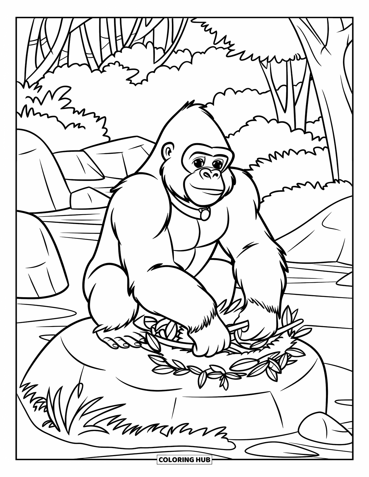 Disegno di gorilla da colorare per bambini: Un gorilla muscoloso costruisce un nido vicino a un fiume nella foresta con rocce e alberi
