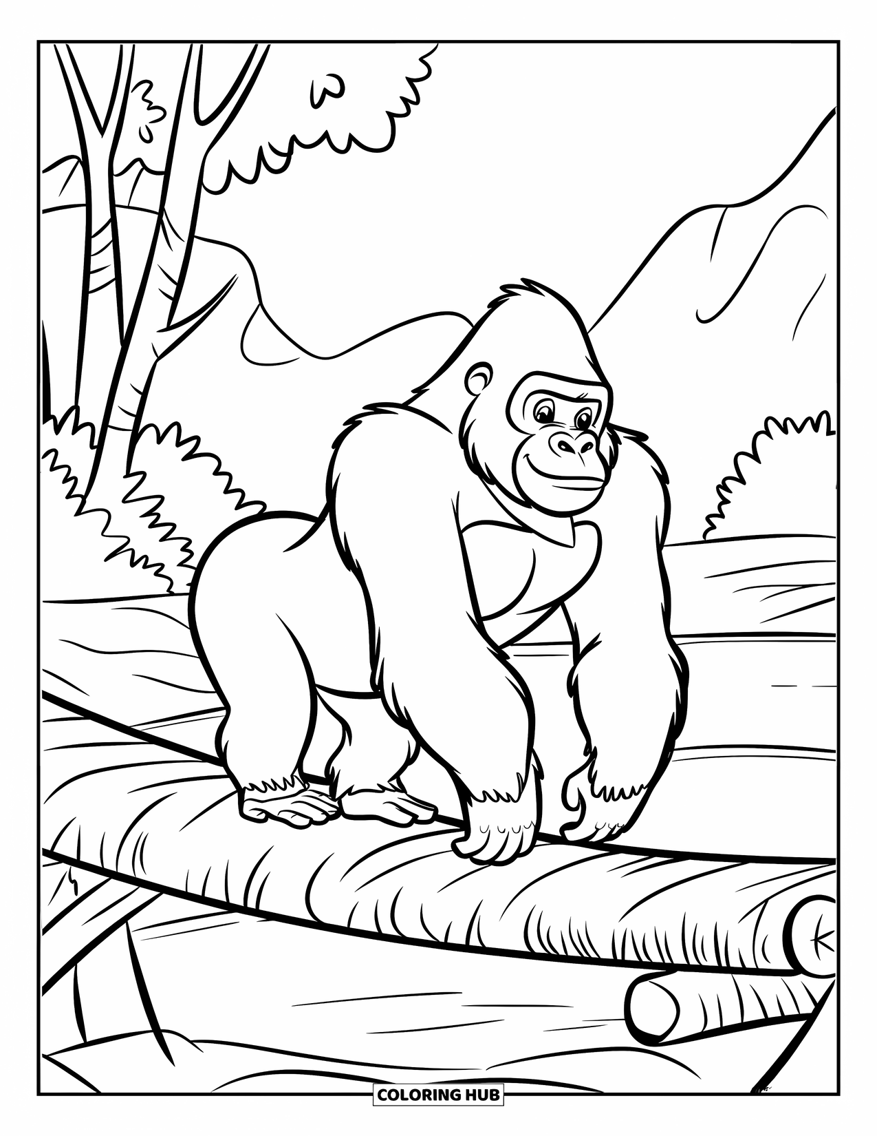 Disegno di gorilla da colorare per bambini: Un gorilla muscoloso cammina su un ponte di tronchi tra due scogliere boscose