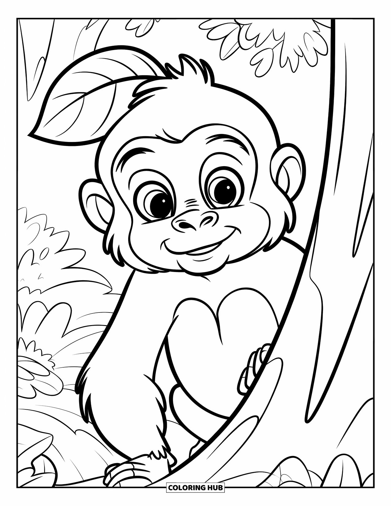 Disegno di gorilla da colorare per bambini: Un giovane gorilla giocoso sbircia da dietro un albero con una foglia sulla testa