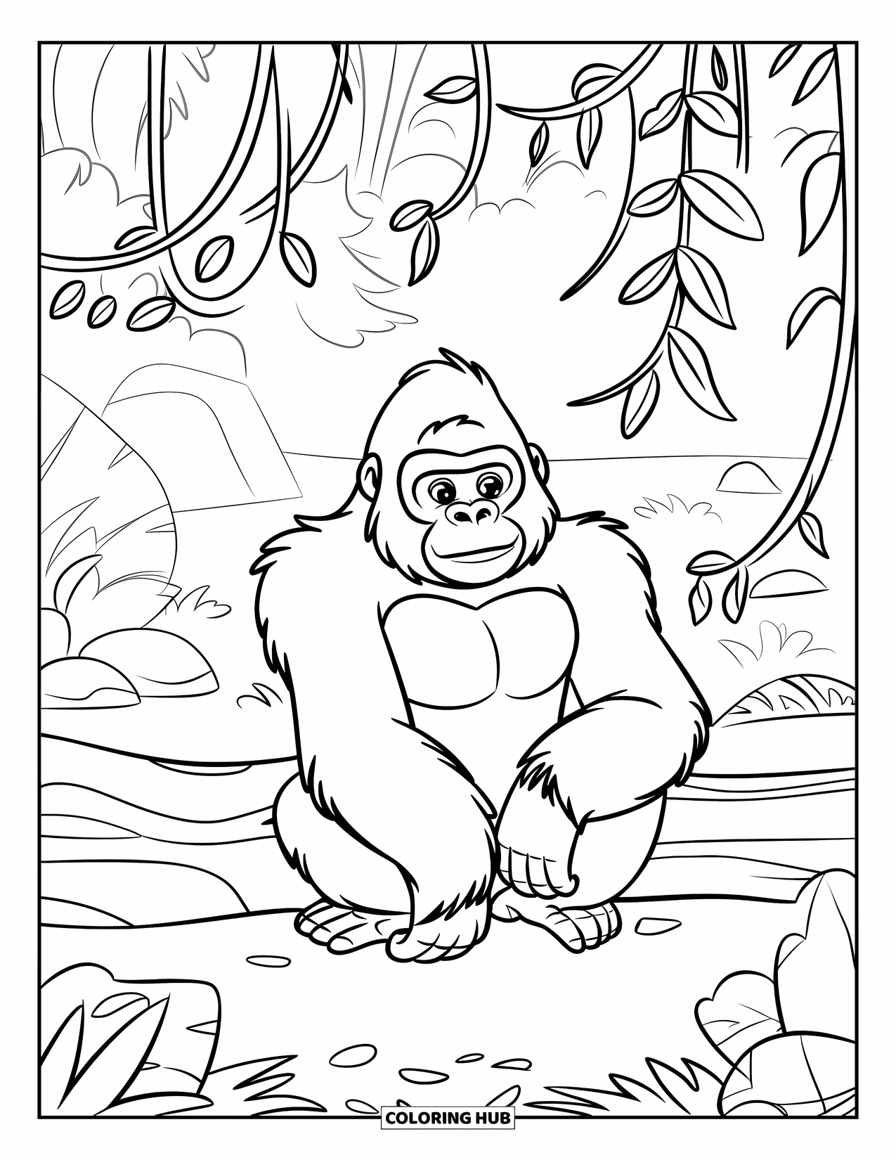 Disegno di gorilla da colorare per bambini: Un gorilla rilassato è seduto su un tronco in una radura della giungla piena di liane