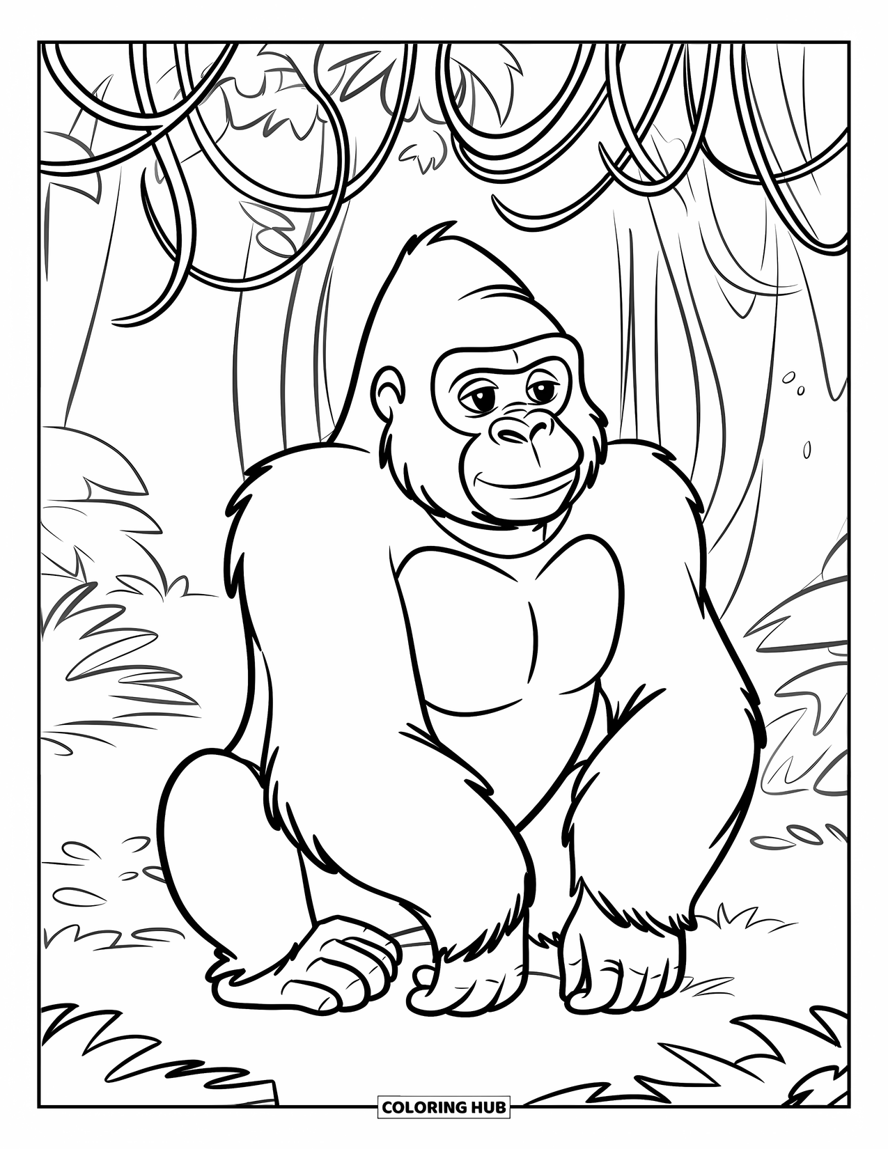 Disegno di gorilla da colorare per bambini: Un gorilla sereno con un collare si gode un momento di tranquillità in una radura nella giungla