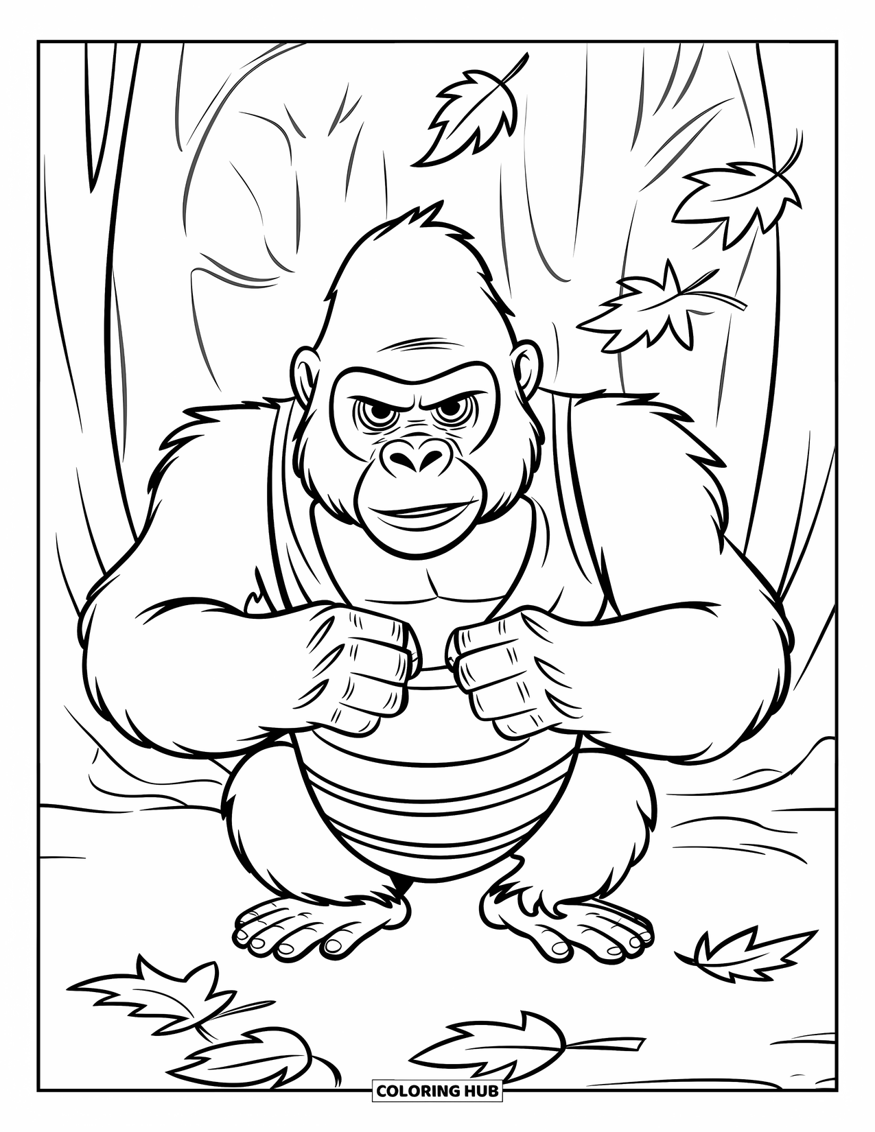 Disegno di gorilla da colorare per bambini: Un gorilla serio con un gilet si batte il petto mentre le foglie si disperdono