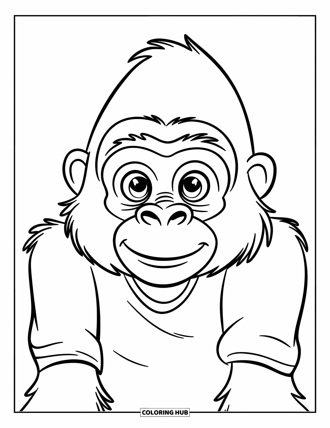 Disegno di gorilla da colorare per bambini: Un gorilla sorridente con occhi rotondi guarda avanti in una scena luminosa e semplice