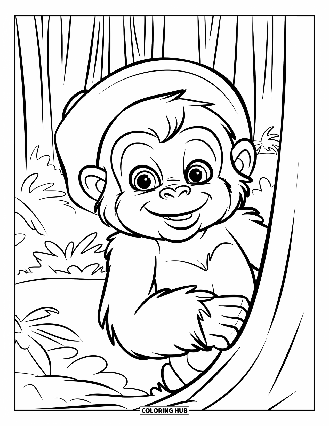 Disegno di gorilla da colorare per bambini: Un giovane gorilla sorridente sbircia dietro un albero indossando un buffo cappellino