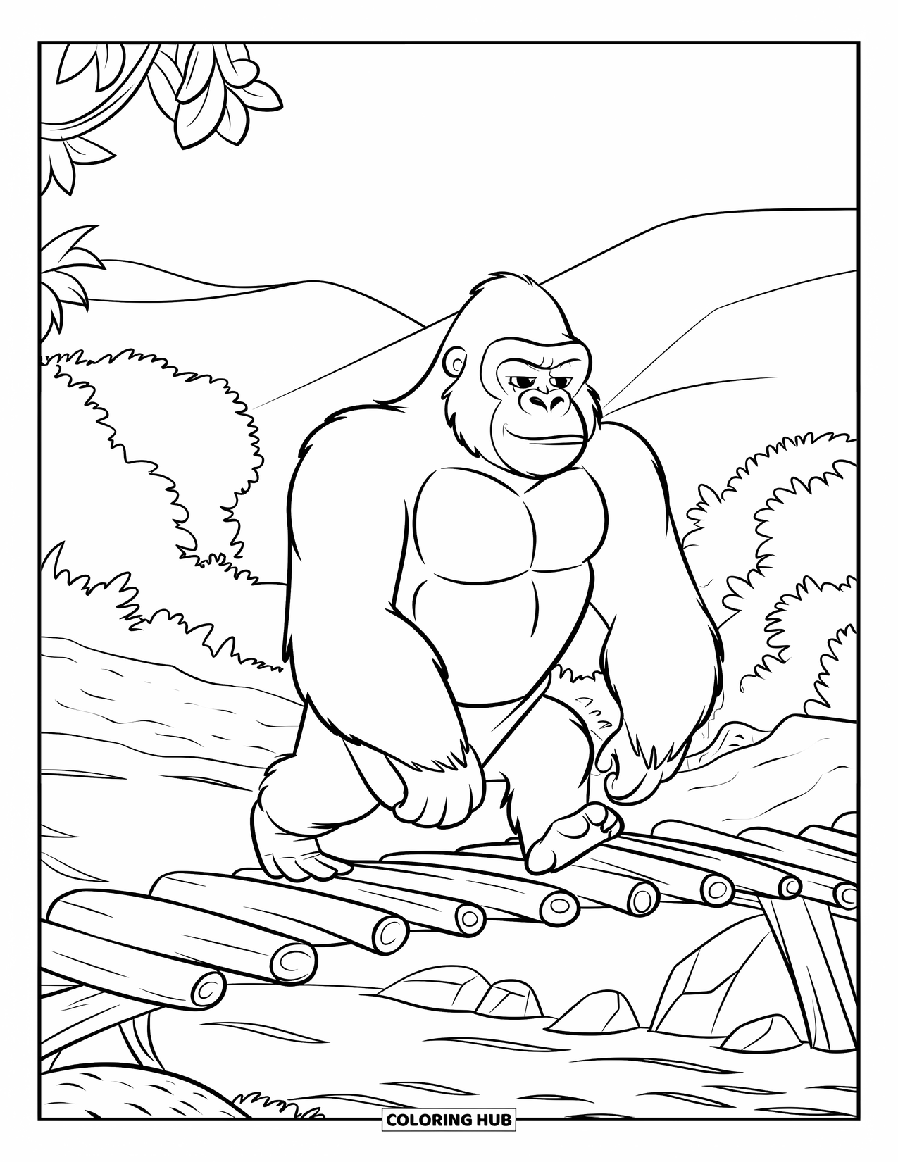 Disegno di gorilla da colorare per bambini: Un gorilla forte attraversa un ponte di tronchi su un fiume con alberi tutt'intorno