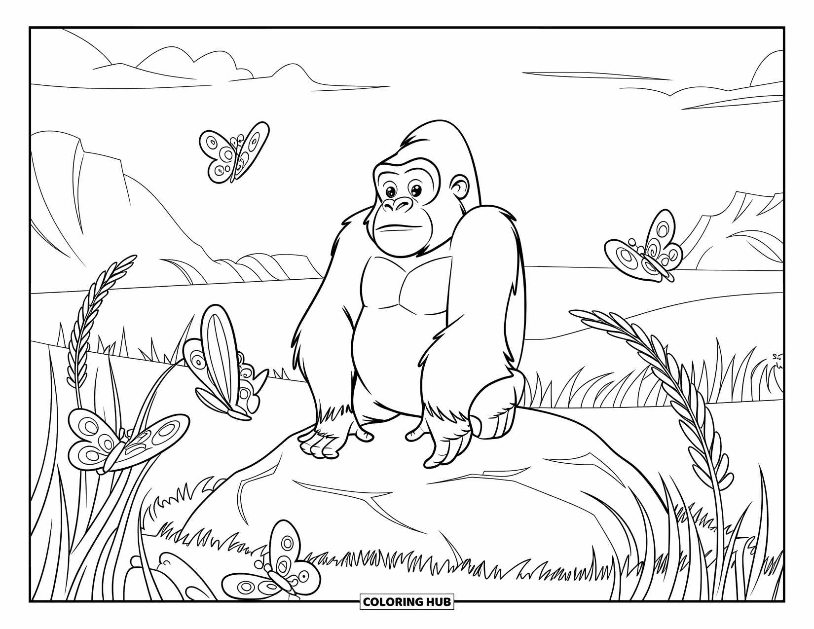 Disegno di gorilla da colorare per bambini: Un gorilla pensieroso è seduto con farfalle ed erba alta e ondulata tutt'intorno