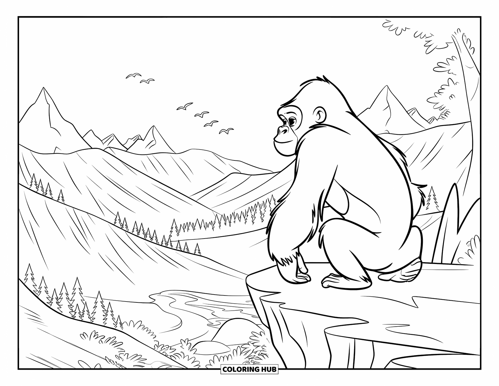 Disegno di gorilla da colorare per bambini: Un gorilla pensieroso osserva la valle da un'alta sporgenza rocciosa con alberi e acqua sottostante