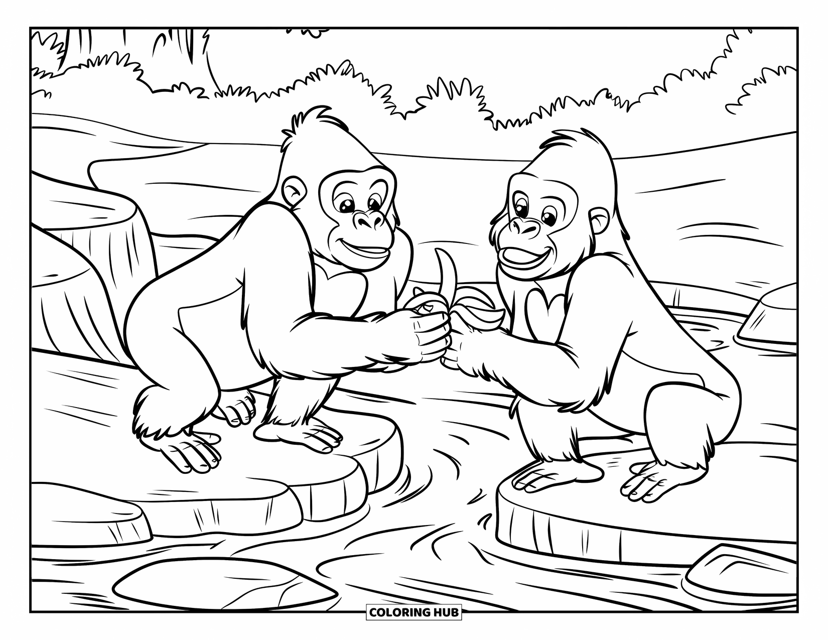 Disegno di gorilla da colorare per bambini: Due gorilla condividono banane mentre sono seduti vicino a un ruscello roccioso
