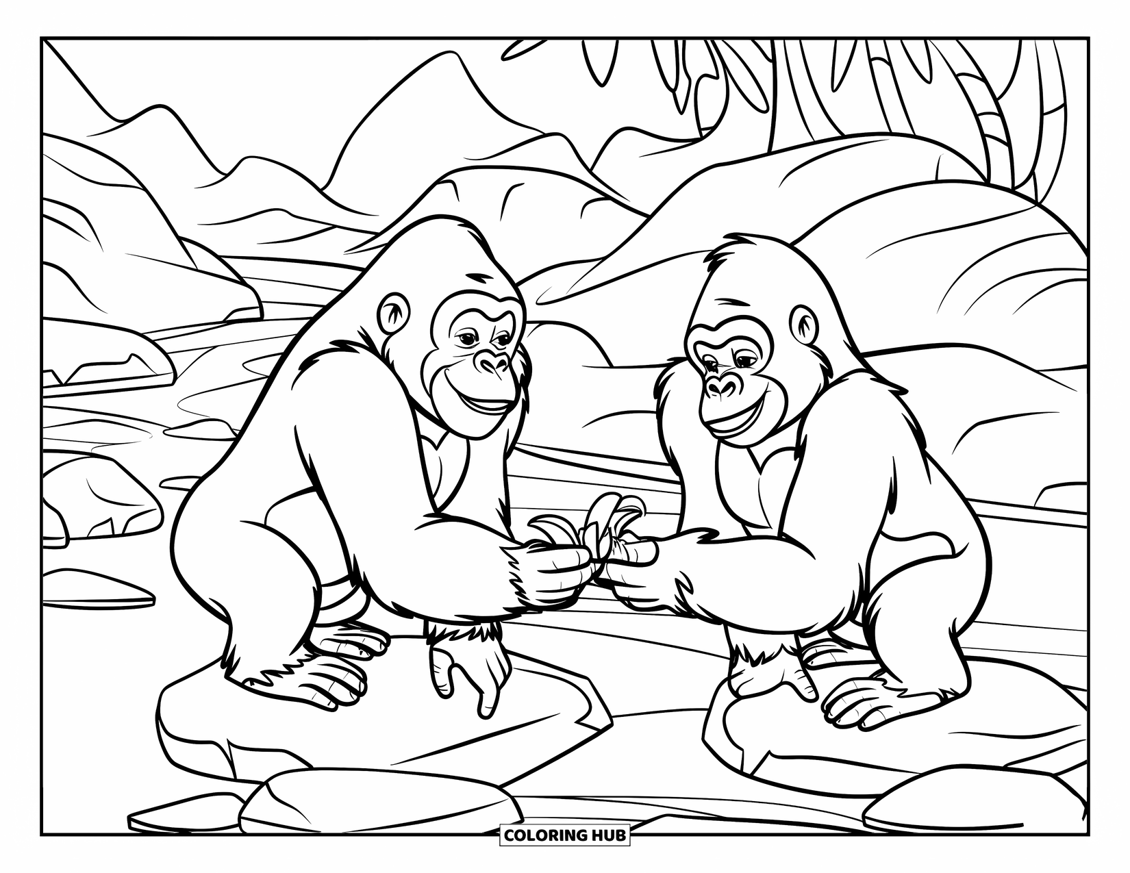 Disegno di gorilla da colorare per bambini: Due gorilla fanno uno spuntino con le banane vicino a un fiume di montagna e una foresta