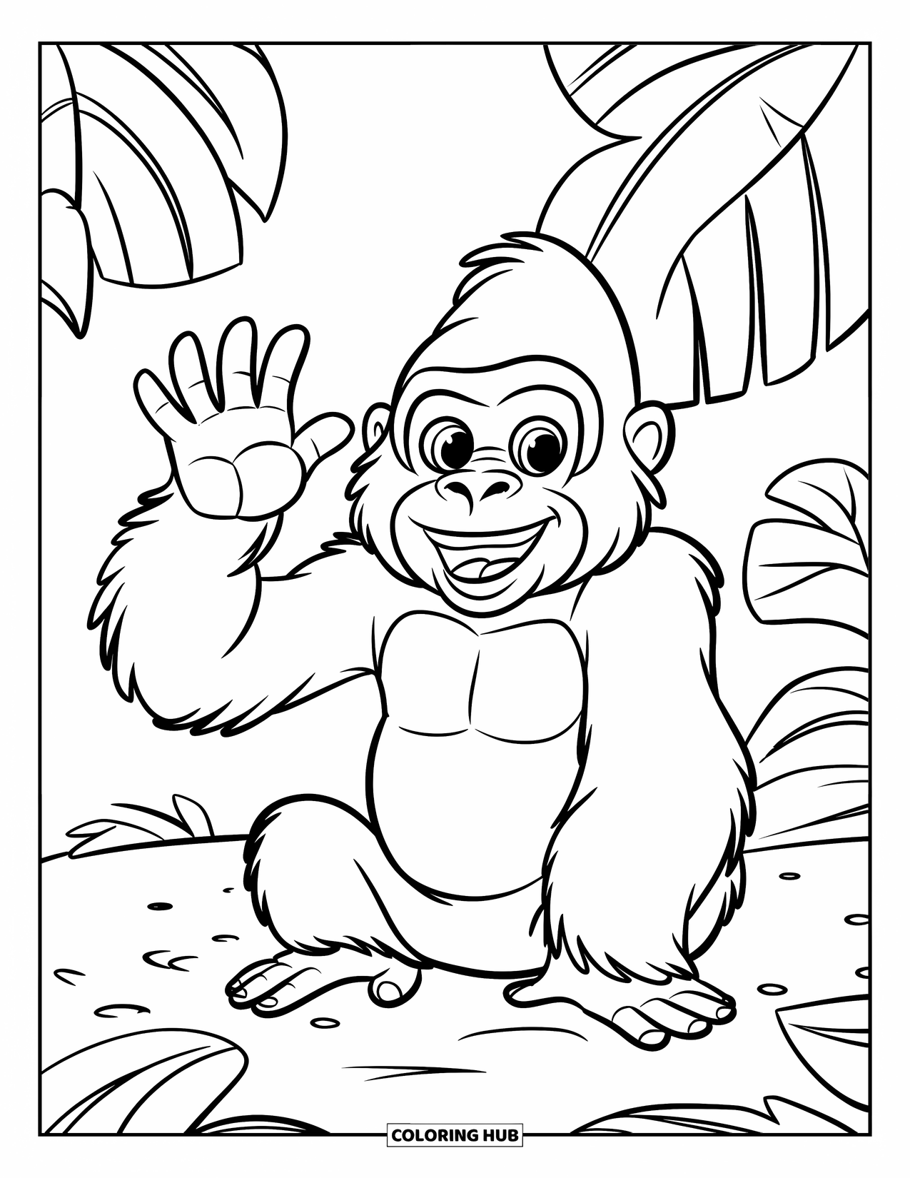 Disegno di gorilla da colorare per bambini: Un gorilla che saluta con un grande sorriso è seduto vicino alle foglie in una posa giocosa