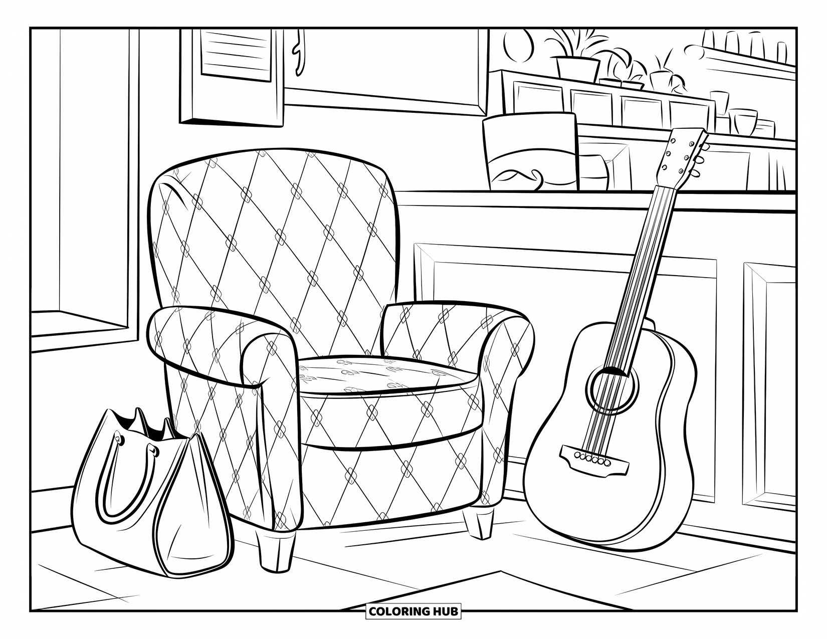 Desen de colorat cu chitară pentru adulți: Un colț de cafenea are un scaun confortabil, o chitară și o tablă neagră pe perete