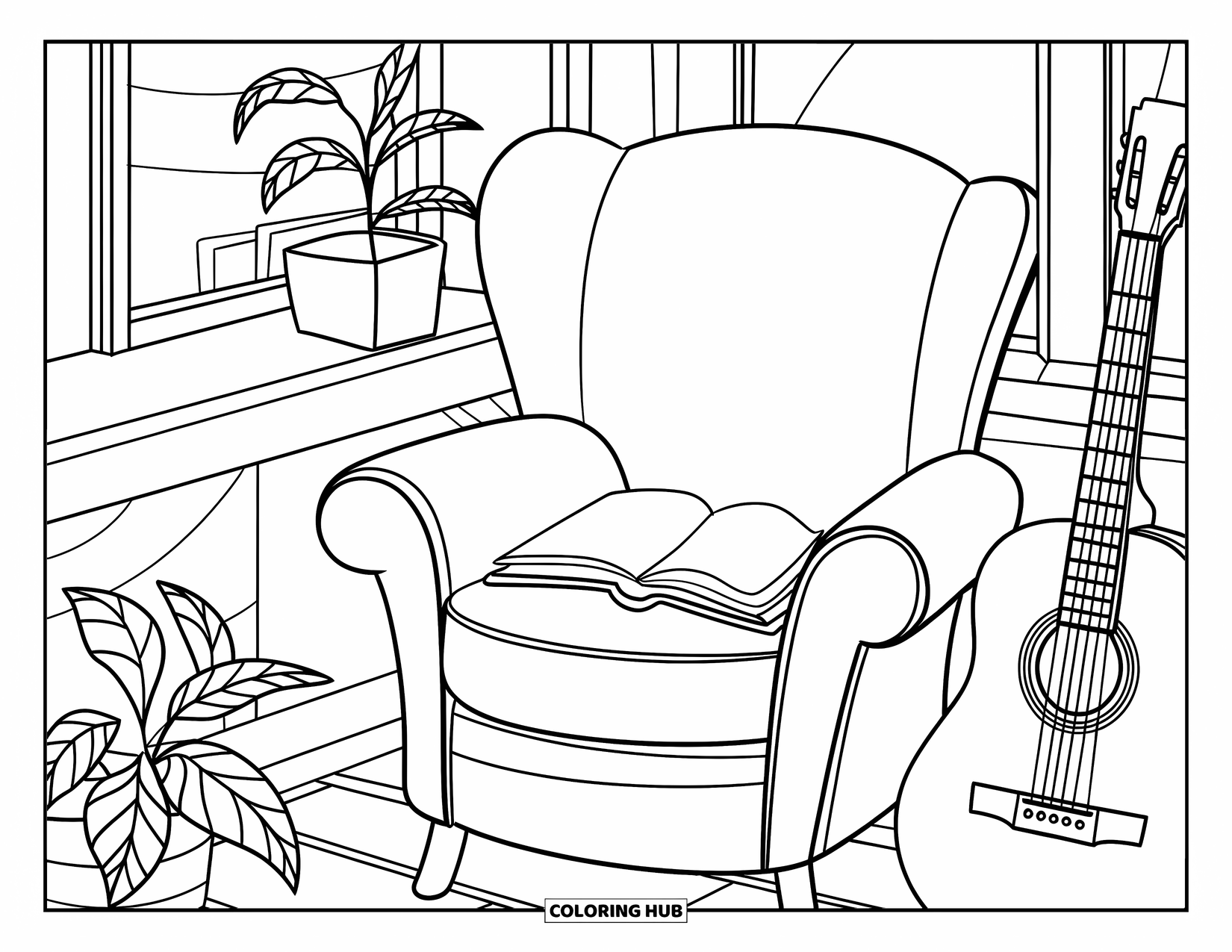 Desen de colorat cu chitară pentru adulți: Un colț de cafea confortabil are un scaun, plante în ghivece și o chitară care se odihnește