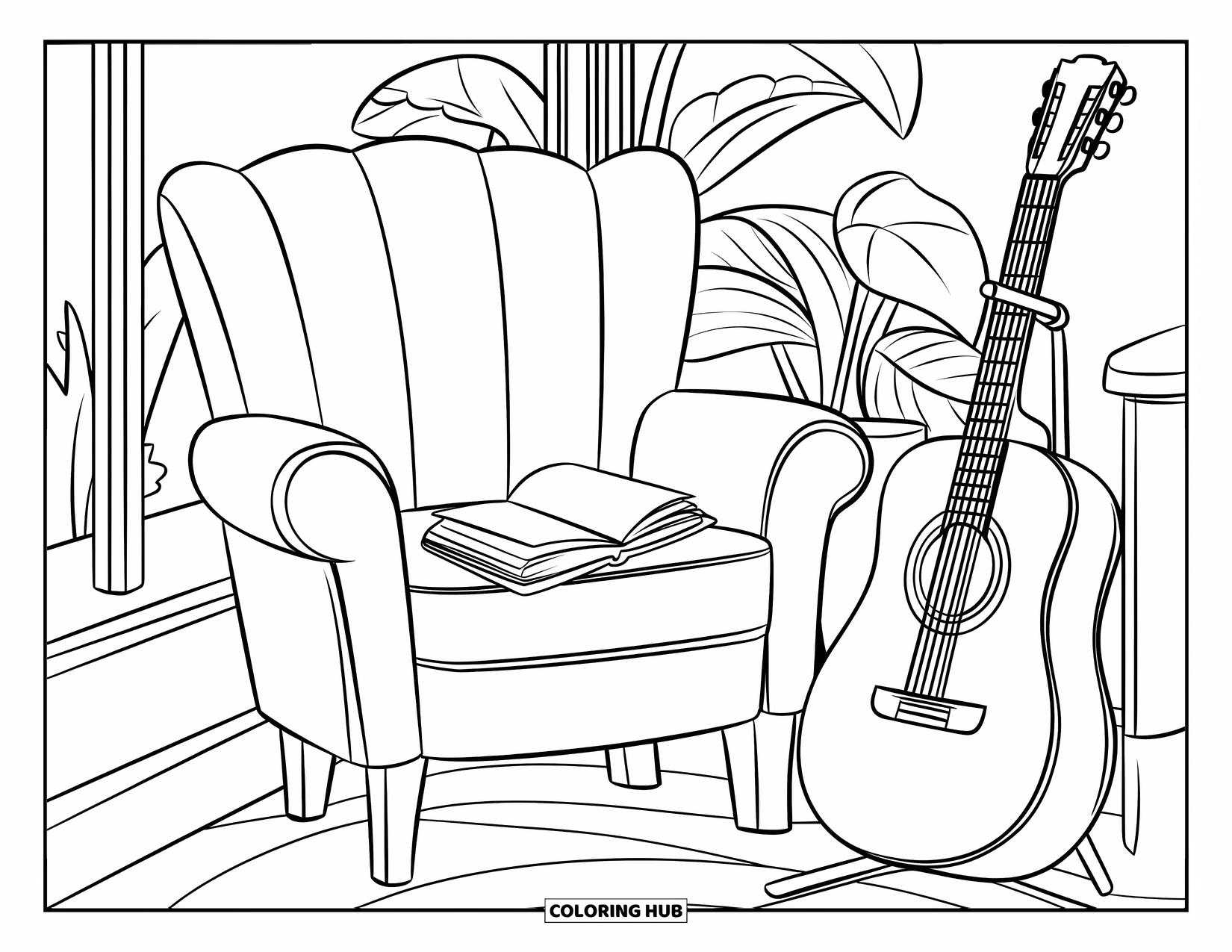 Desen de colorat cu chitară pentru adulți: Un colț confortabil de cafenea are un scaun, o carte și o chitară în apropiere