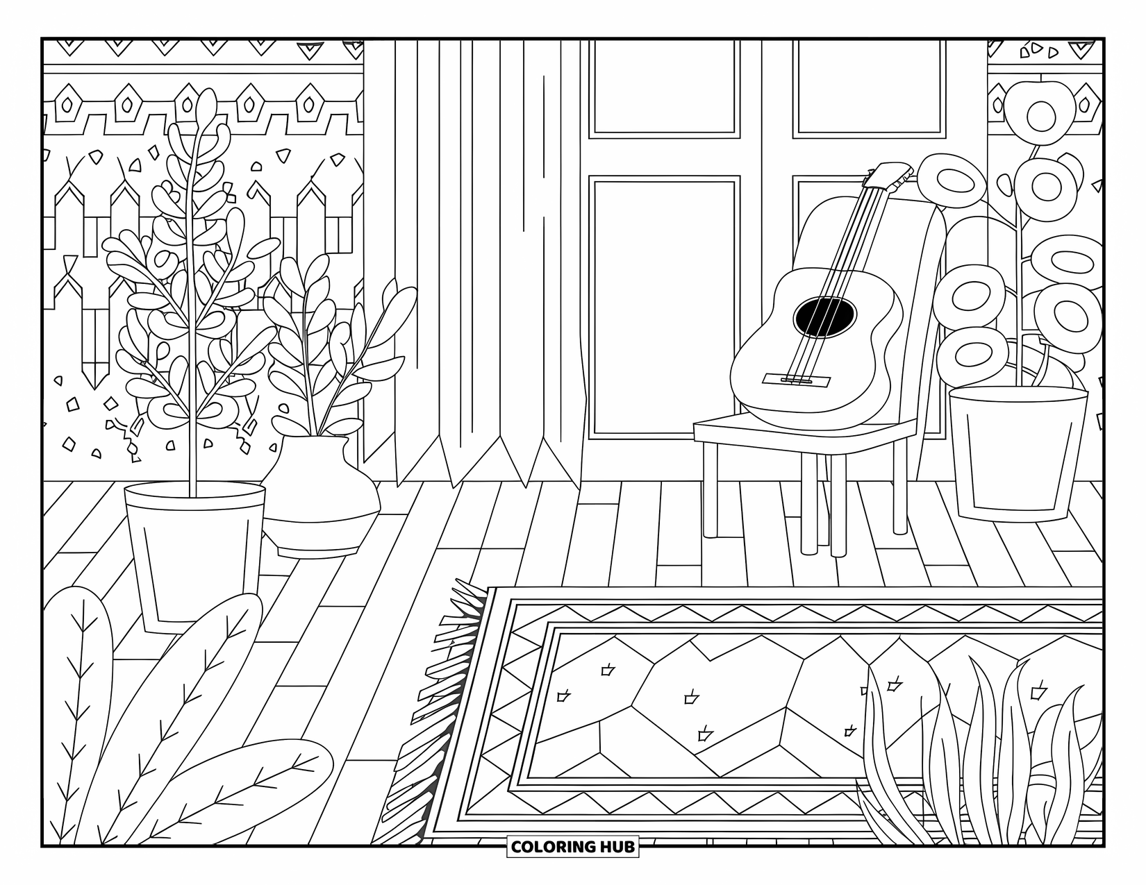 Desen de colorat cu chitară pentru adulți: O cameră confortabilă prezintă un scaun, plante și o chitară sub o fereastră cu draperii