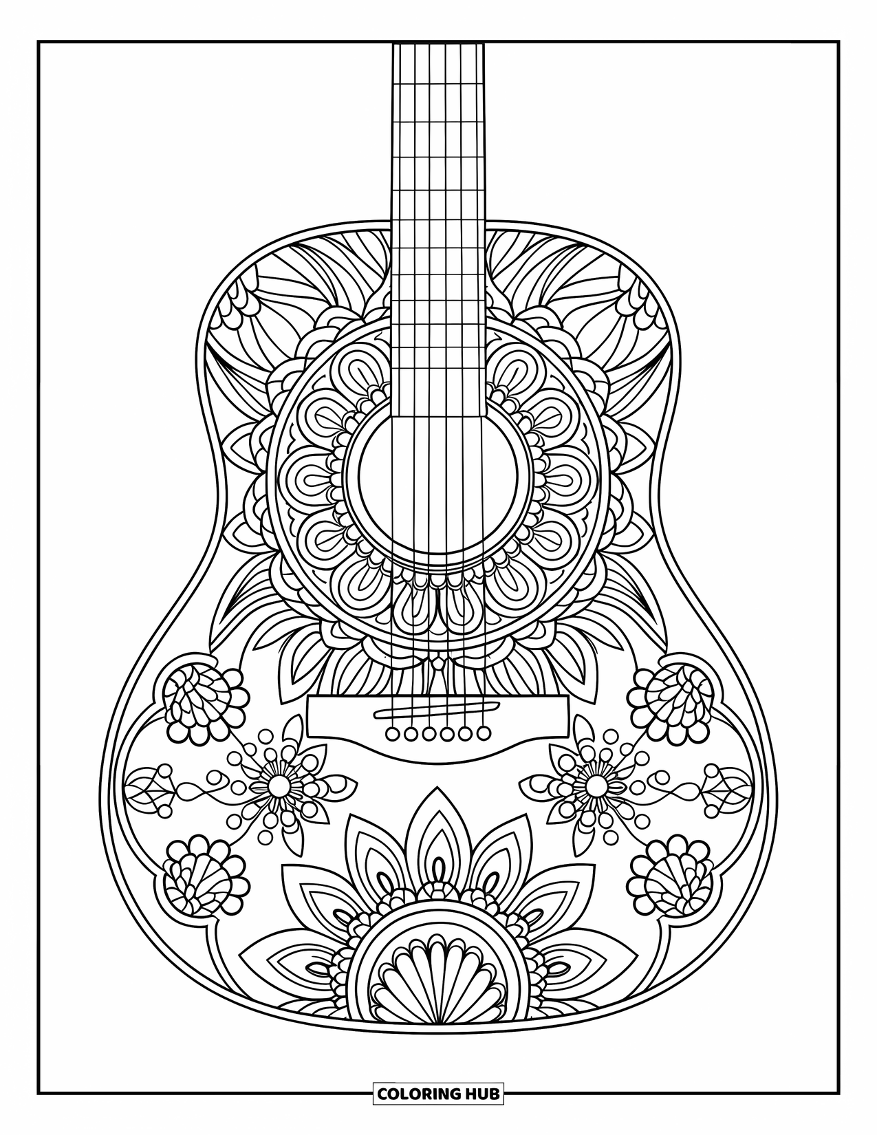 Desen de colorat cu chitară pentru adulți: Un design detaliat de chitară mandala invită la calm și creativitate cu fiecare curbă