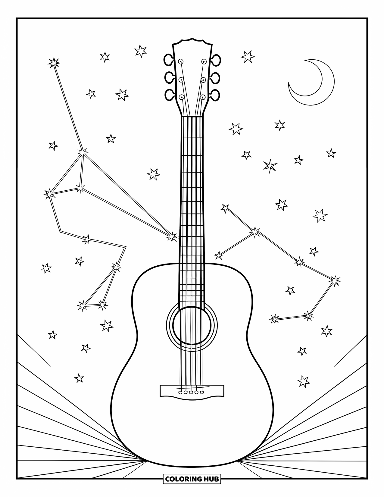 Desen de colorat cu chitară pentru adulți: O scenă de vis arată o chitară care se îmbină cu constelații sub un cer luminat de lună