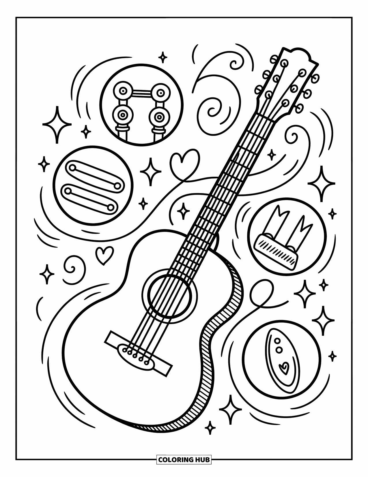 Desen de colorat cu chitară pentru adulți: O chitară kawaii plutitoare este înconjurată de prim-planuri drăguțe ale corzilor, tastelor și penelor