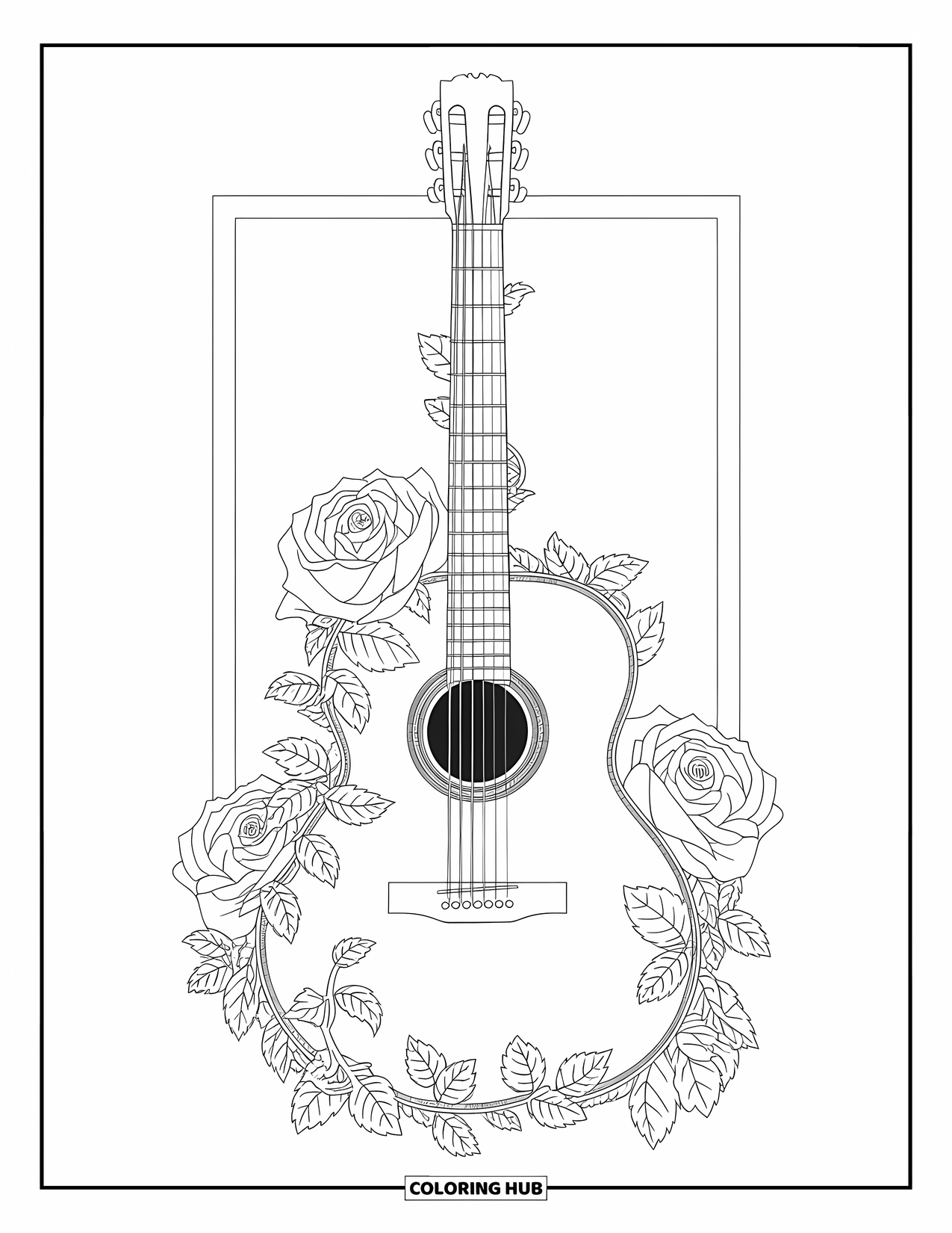 Desen de colorat cu chitară pentru adulți: O chitară grațioasă este înconjurată de viță de vie și trandafiri înfloriți