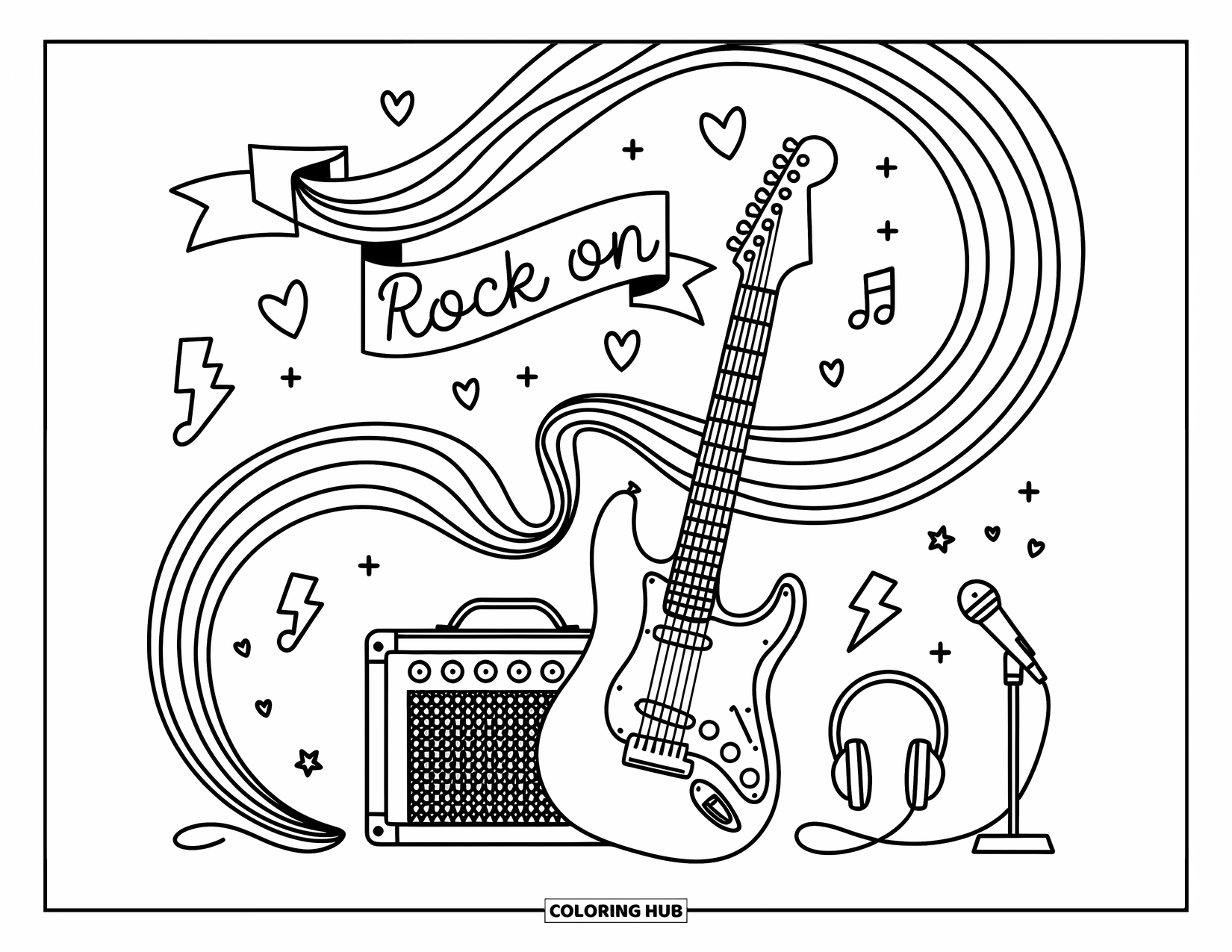 Desen de colorat cu chitară pentru adulți: O chitară și un amplificator stau printre note, inimi și fulgere care se învârt, cu farmec jucăuș