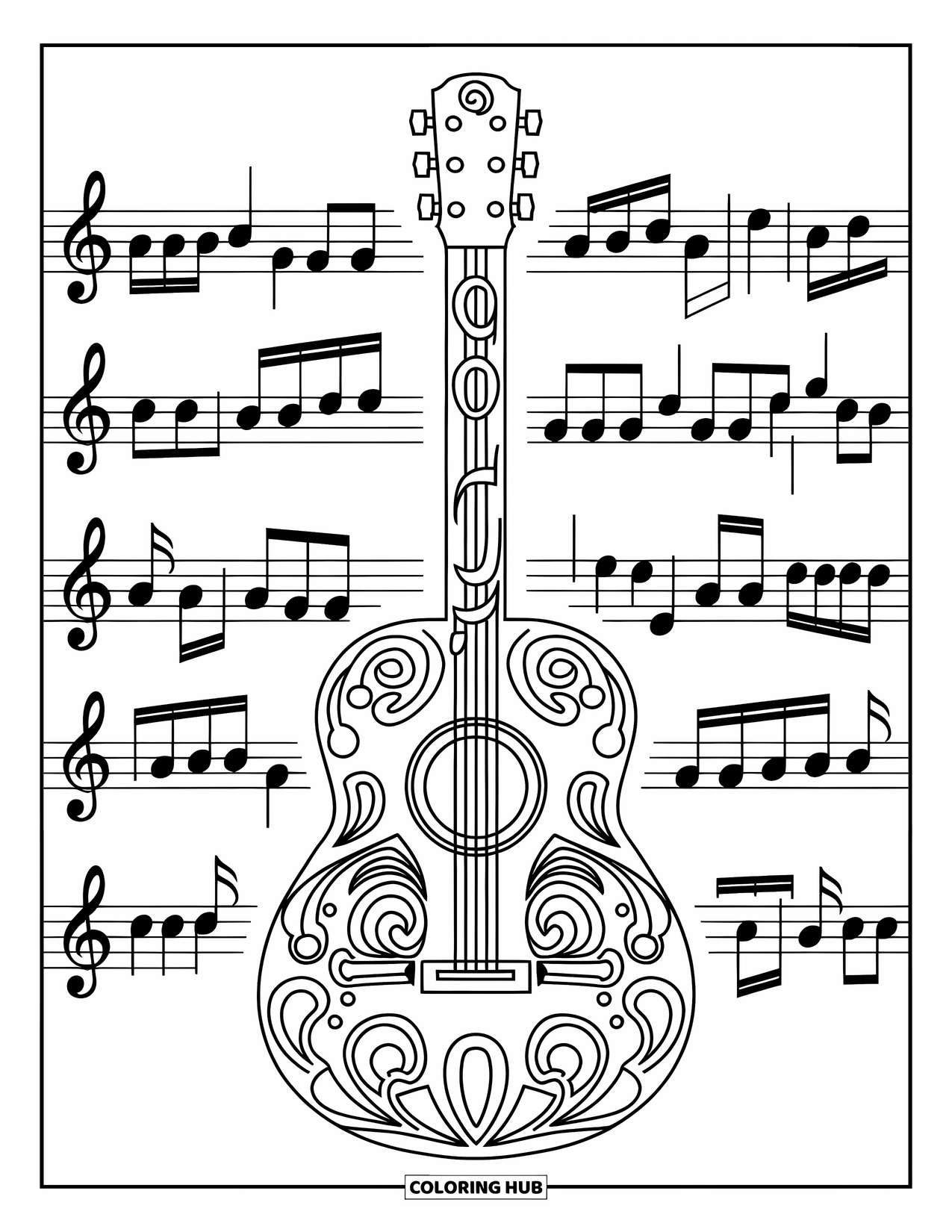 Desen de colorat cu chitară pentru adulți: O chitară construită din chei de sol și portative muzicale iese în evidență cu modele detaliate