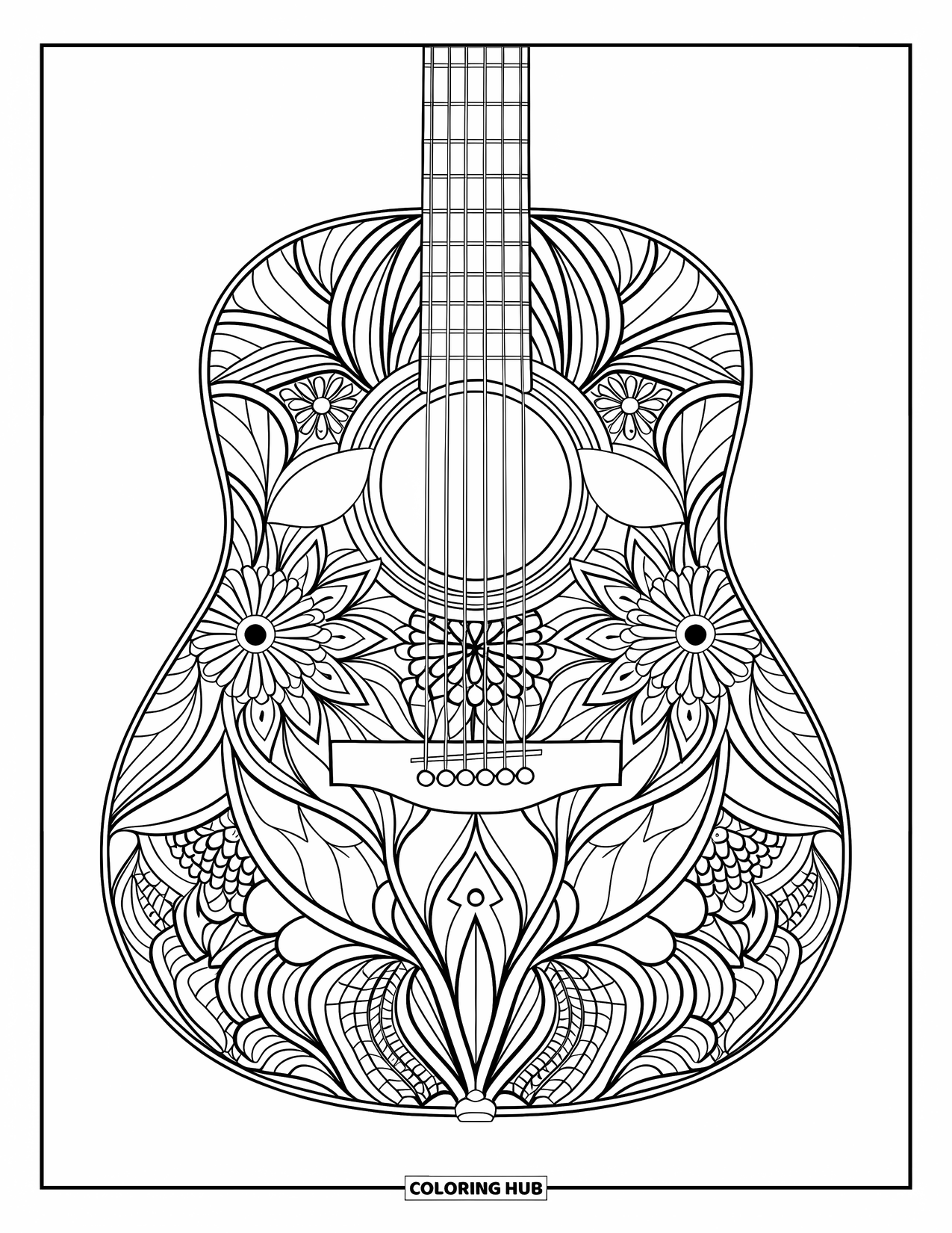 Desen de colorat cu chitară pentru adulți: O chitară plină de mandale florale oferă un design relaxant și detaliat