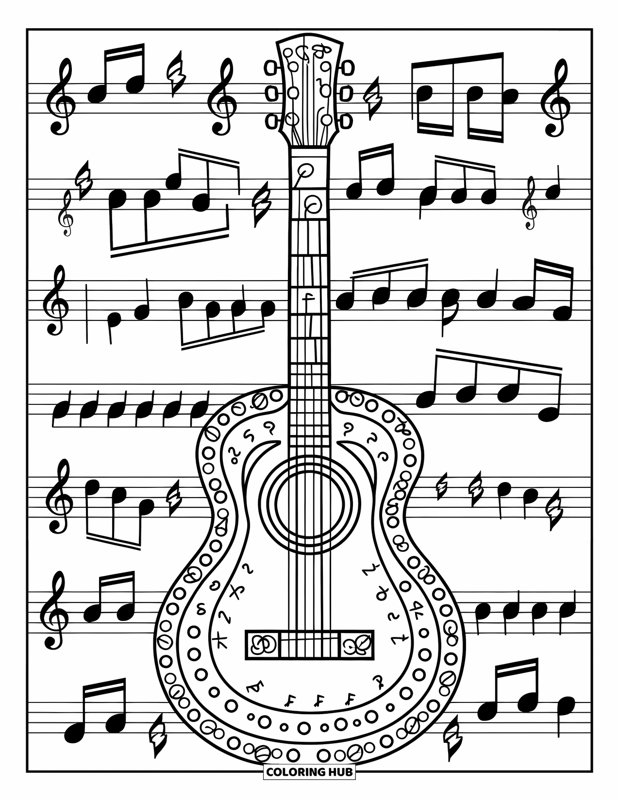 Desen de colorat cu chitară pentru adulți: O chitară formată din chei, note și pauze plutește peste un fundal cu tematică muzicală