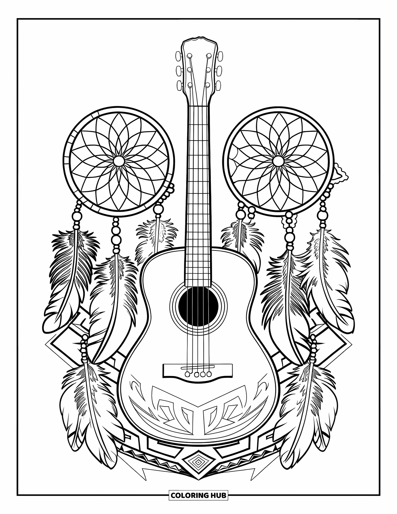 Desen de colorat cu chitară pentru adulți: O chitară este înconjurată de pene, prinzătoare de vise și modele tribale îndrăznețe