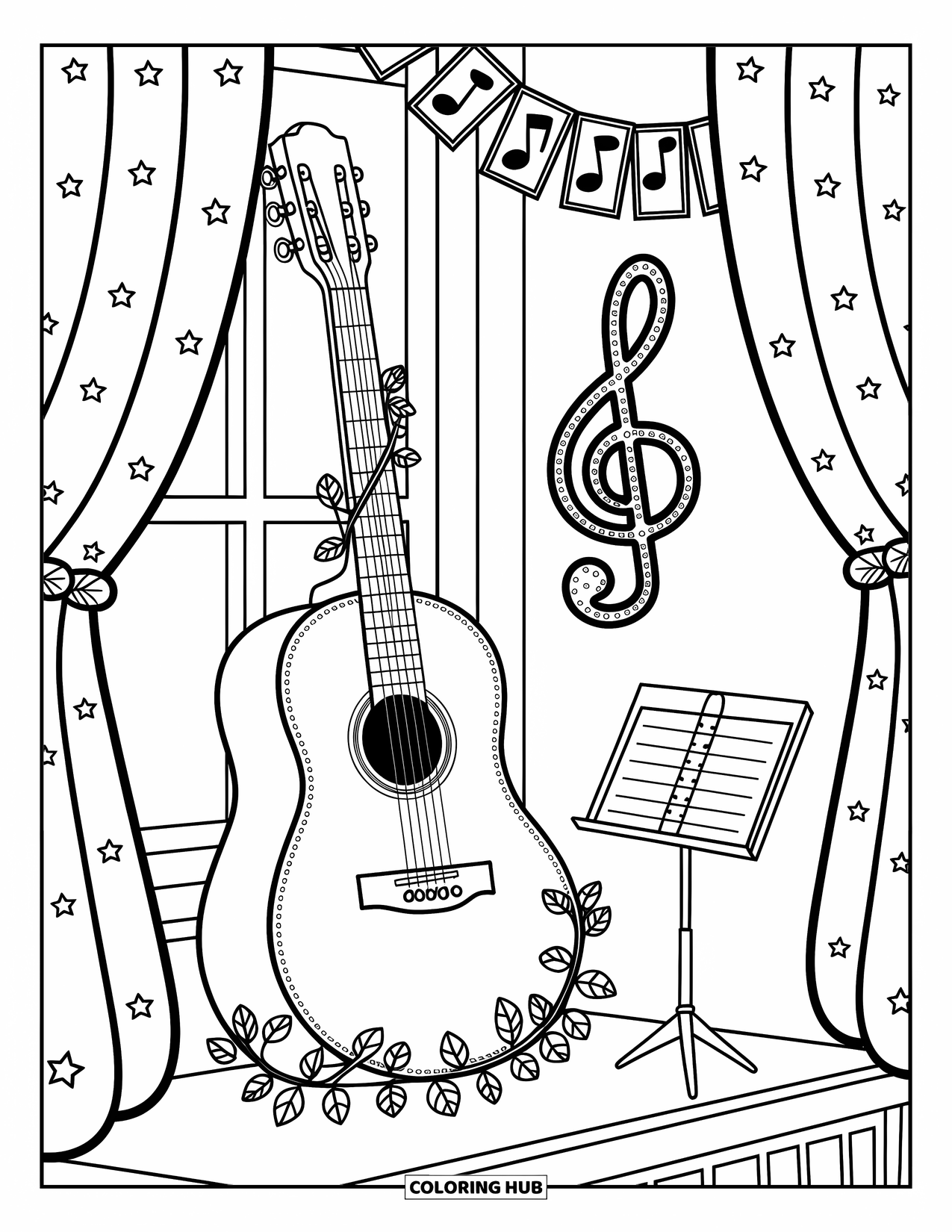 Desen de colorat cu chitară pentru adulți: O chitară se sprijină lângă o fereastră cu perdele înstelate, viță de vie și un suport muzical mic