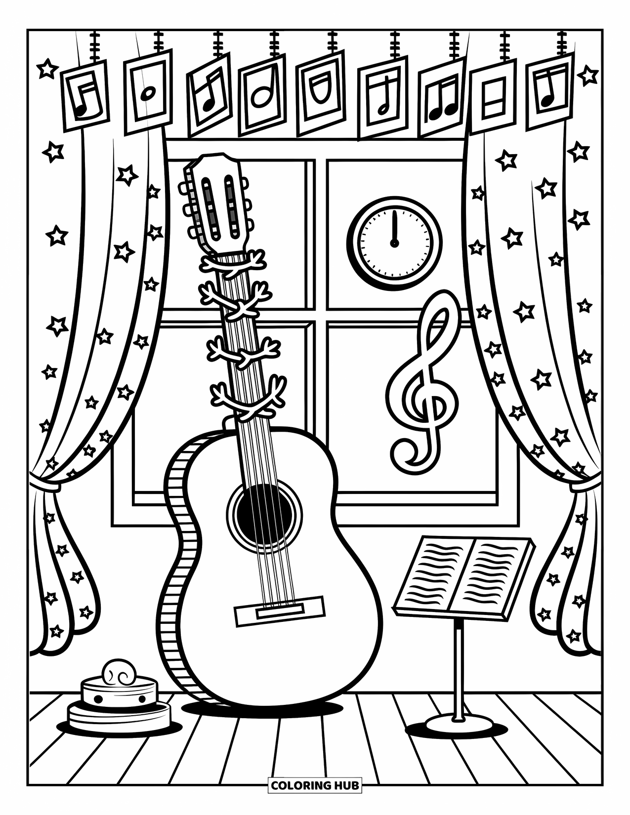 Desen de colorat cu chitară pentru adulți: O chitară se odihnește lângă fereastră sub perdele cu model de stele și note muzicale înrămate
