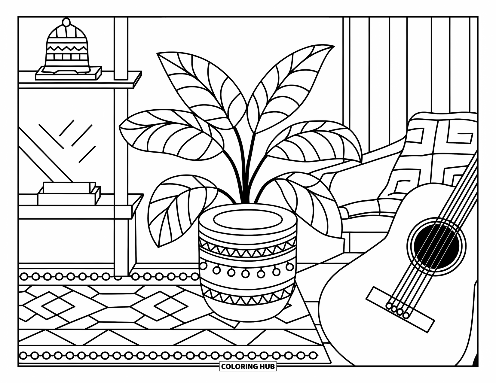 Desen de colorat cu chitară pentru adulți: O chitară stă pe un scaun lângă un raft și un covor cu model într-un spațiu calm