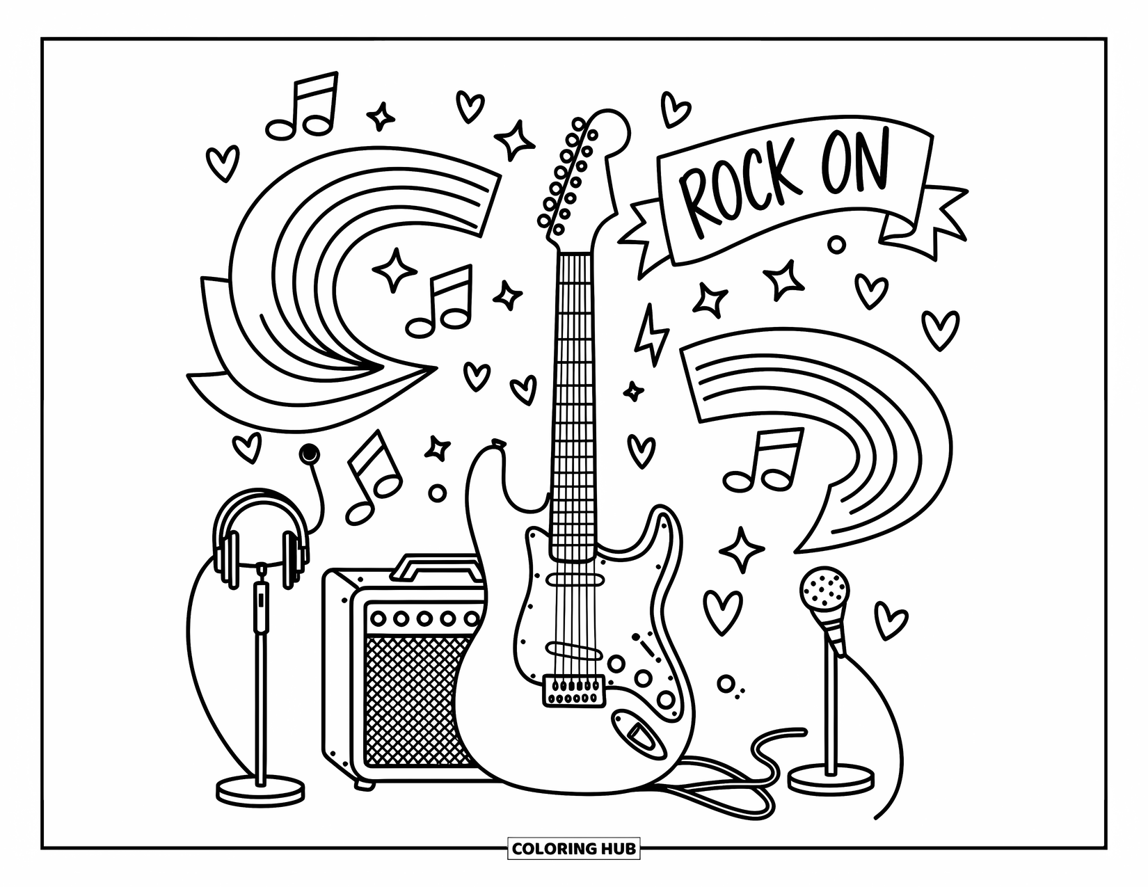 Desen de colorat cu chitară pentru adulți: O chitară electrică kawaii se sprijină pe un amplificator cu note muzicale, stele și un banner "Rock On"