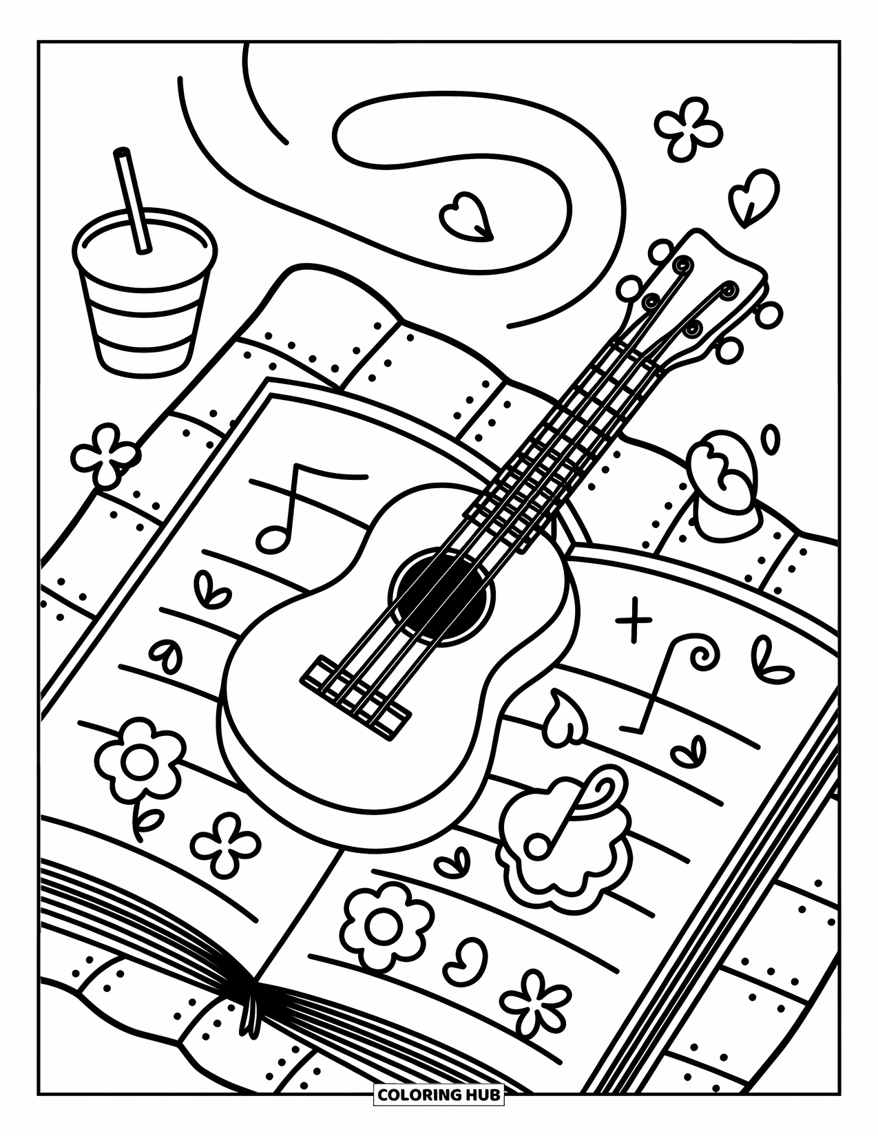 Desen de colorat cu chitară pentru adulți: Un ukulele kawaii se sprijină pe un caiet de muzică cu petale, o băutură și un cookie