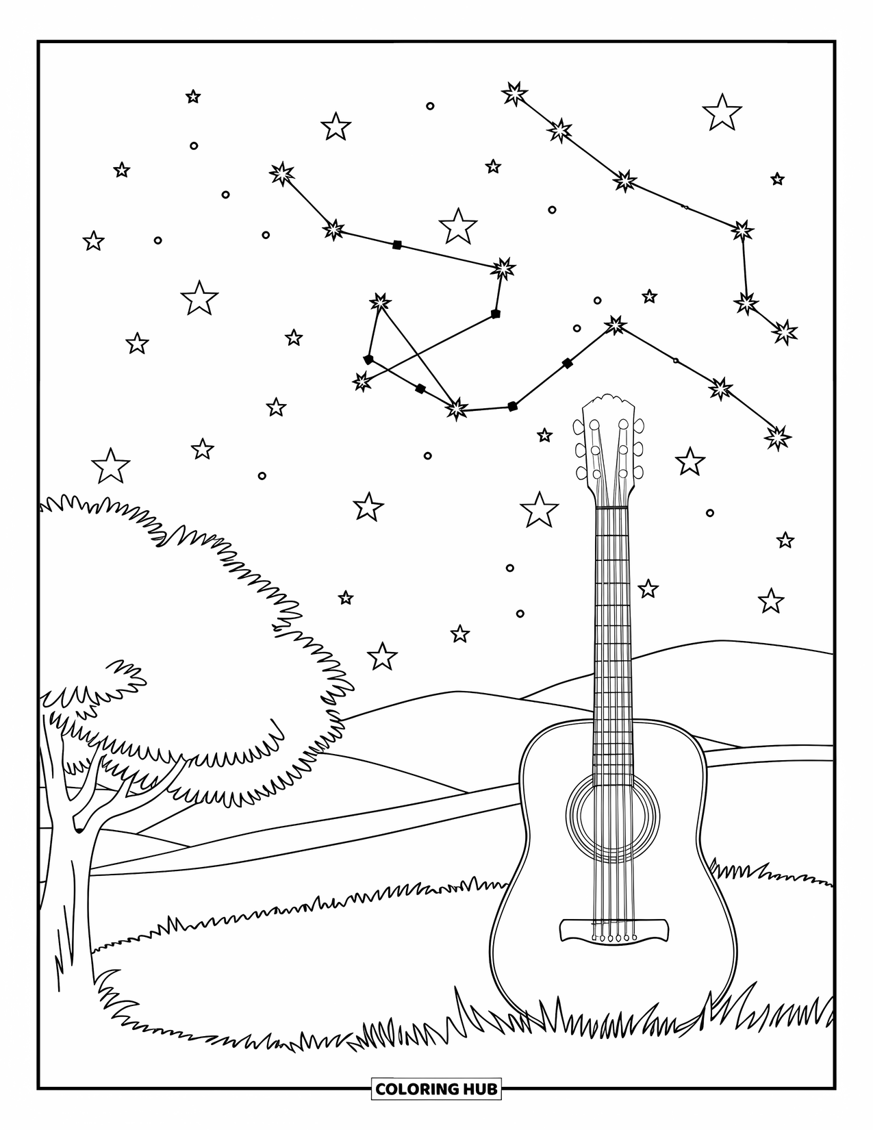 Desen de colorat cu chitară pentru adulți: Un cer senin pașnic prezintă o siluetă de chitară cu stele și o semilună