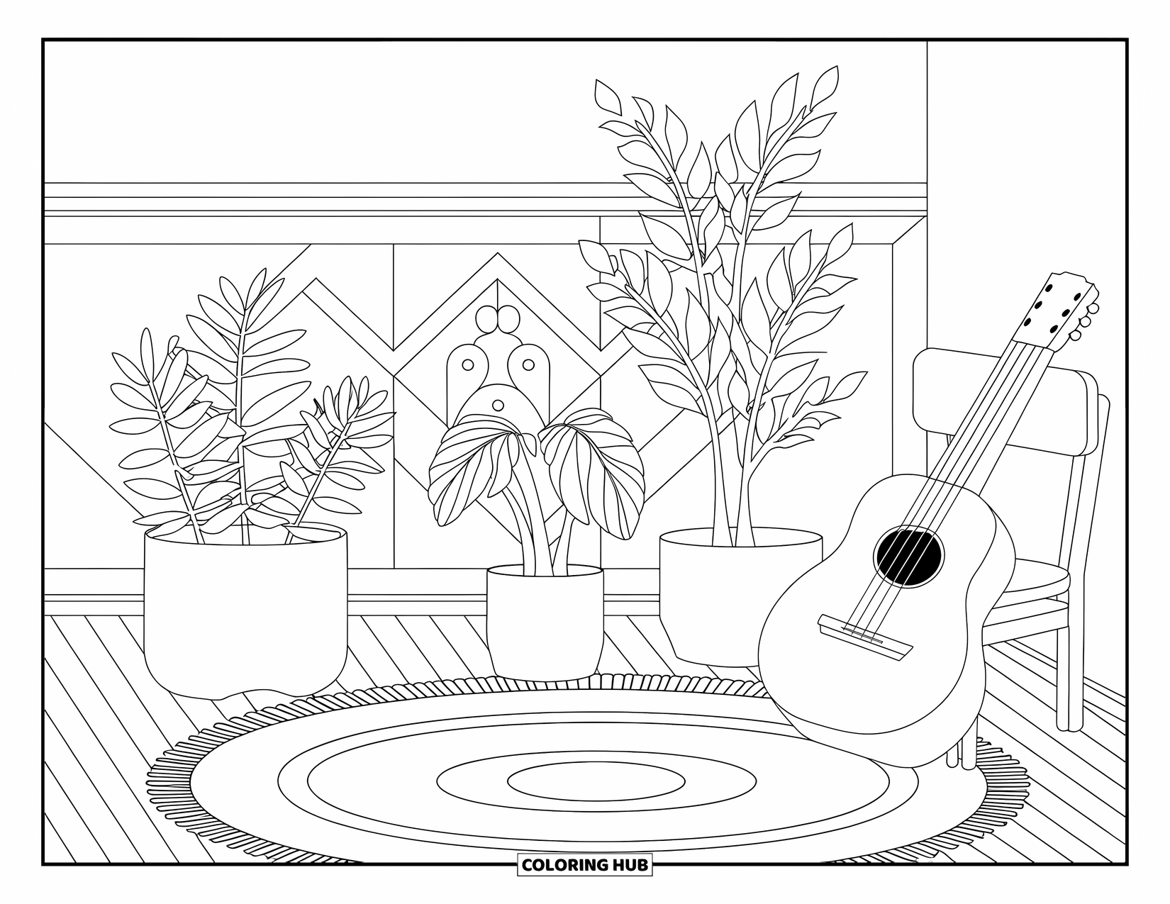 Desen de colorat cu chitară pentru adulți: O cameră liniștită arată o chitară pe un scaun cu plante și un perete cu model