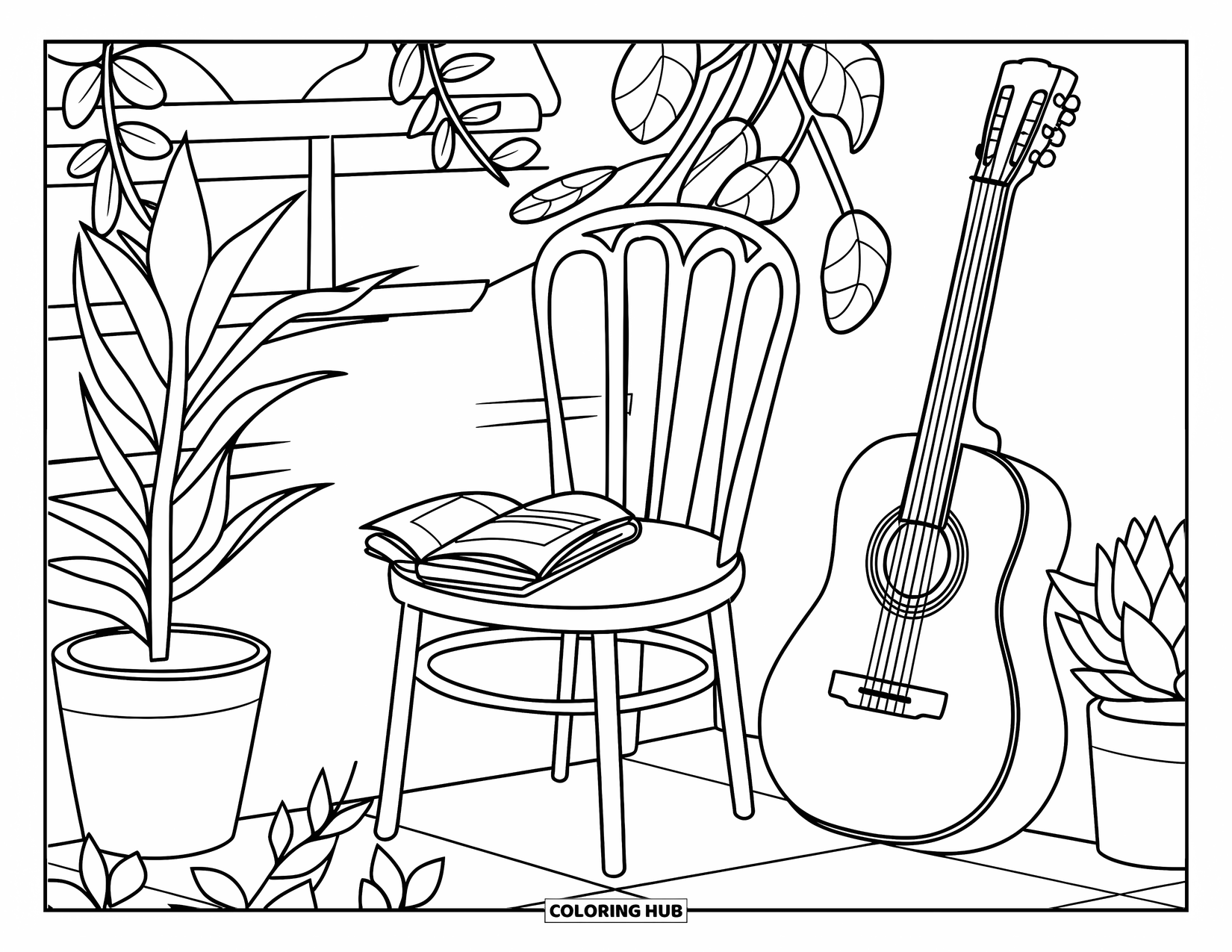 Desen de colorat cu chitară pentru adulți: O scenă liniștită de cafenea arată o carte pe un scaun cu o chitară lângă perete