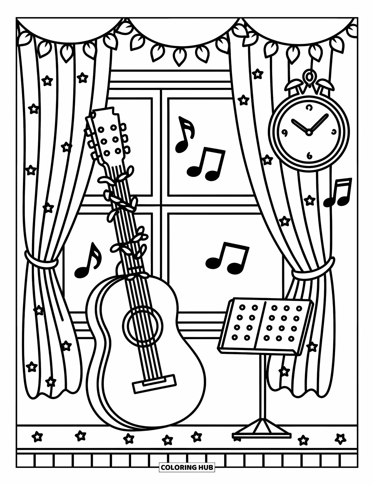 Desen de colorat cu chitară pentru adulți: O scenă delicată arată o chitară și rame muzicale înconjurate de detalii confortabile, jucăușe