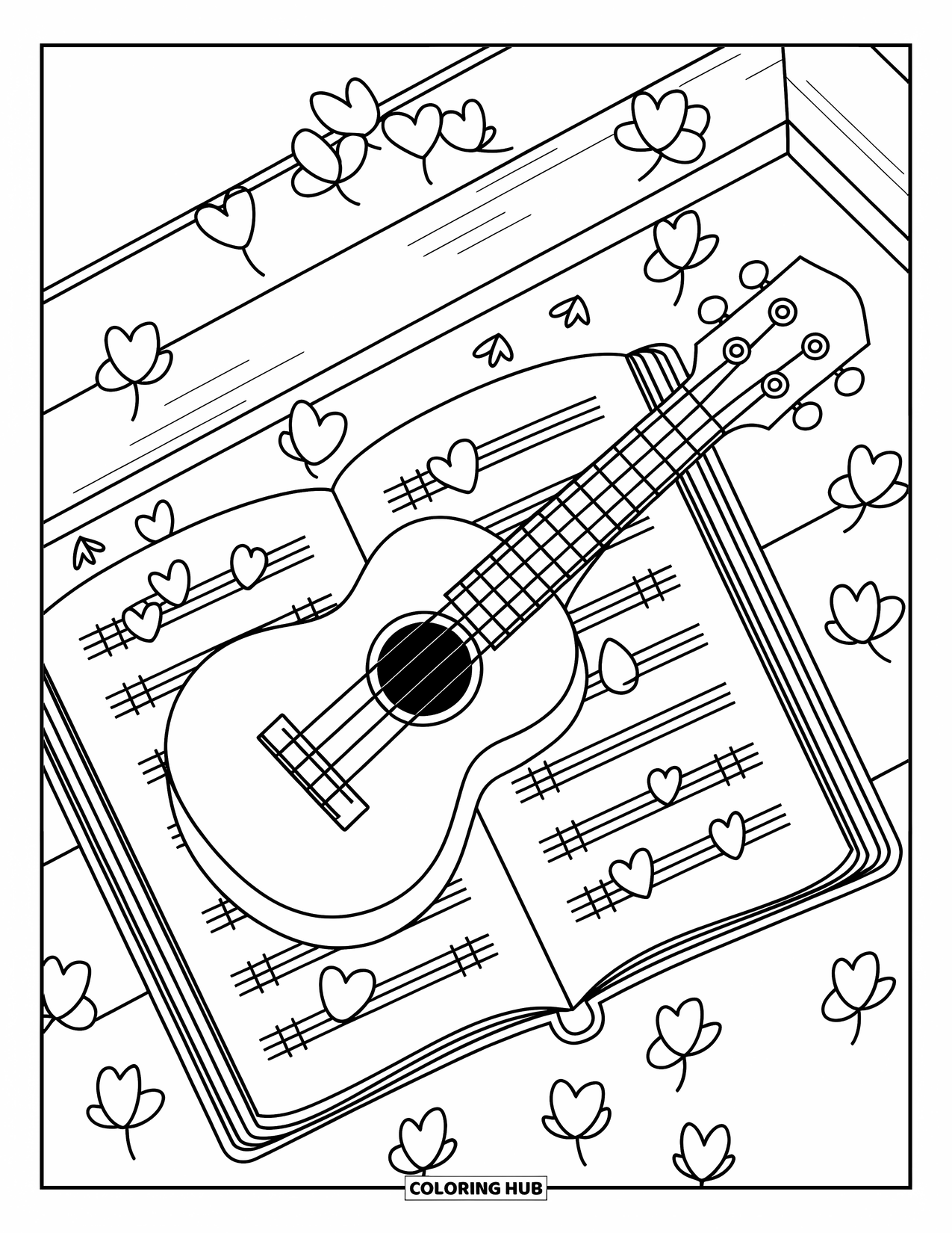 Desen de colorat cu chitară pentru adulți: Un ukulele se află lângă diagrame de acorduri mâzgălite și petale într-un colț confortabil