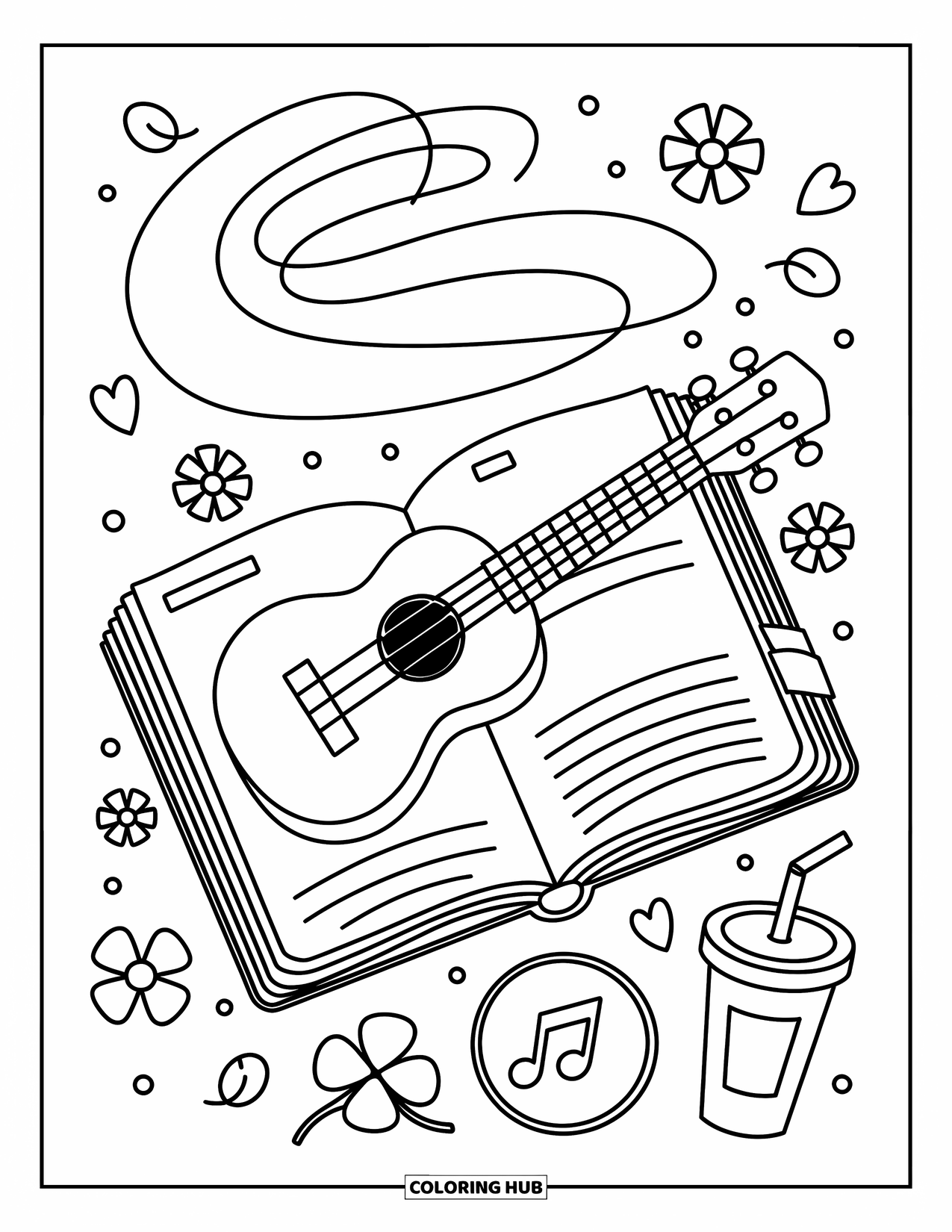 Desen de colorat cu chitară pentru adulți: Un ukulele se află pe o rogojină lângă o băutură, petale de flori și un cookie cu note muzicale