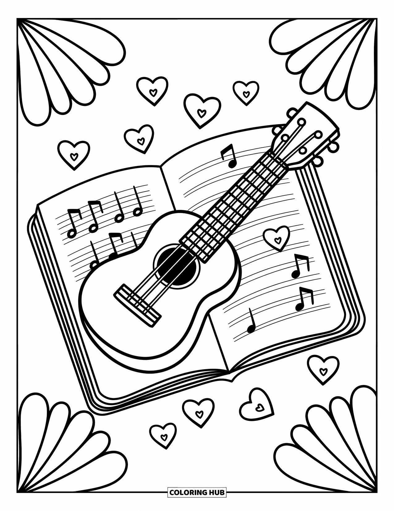 Desen de colorat cu chitară pentru adulți: Un ukulele stă pe un caiet cu pene în formă de inimă și doodle-uri cu flori în jurul lui