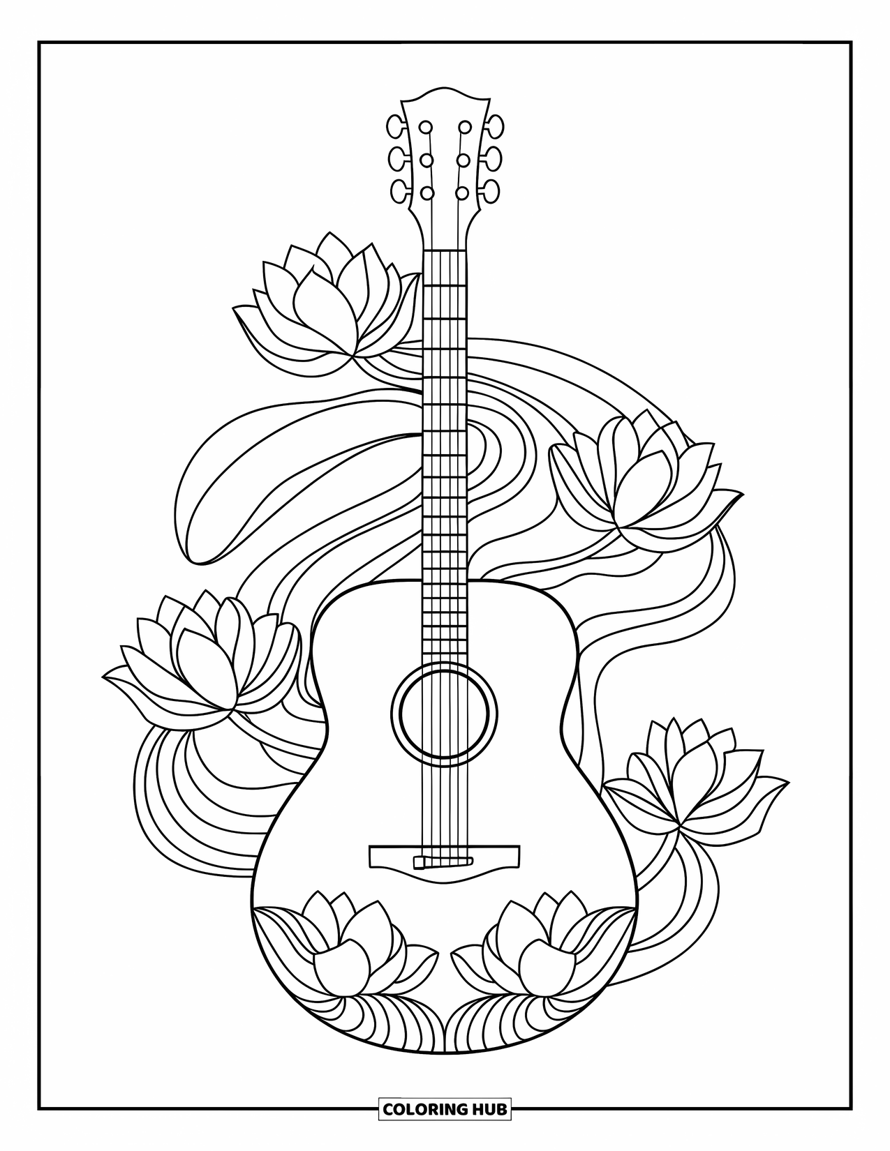 Desen de colorat cu chitară pentru adulți: O chitară Zen este asociată cu flori de lotus și linii curgătoare pe un fundal alb