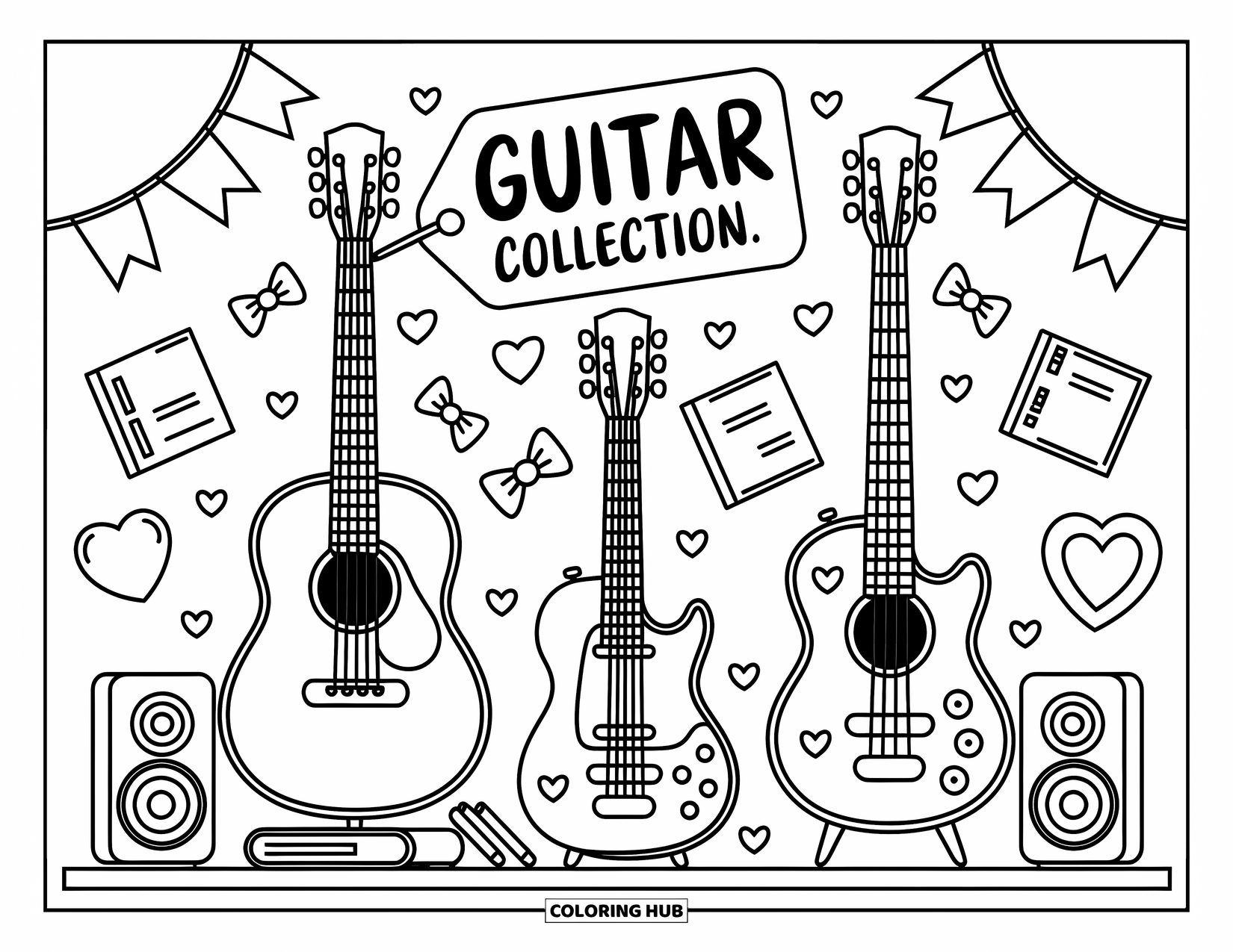Desen de colorat cu chitară pentru adulți: Chitare acustice, electrice și bas se odihnesc pe un raft confortabil cu cărți și difuzoare drăguțe