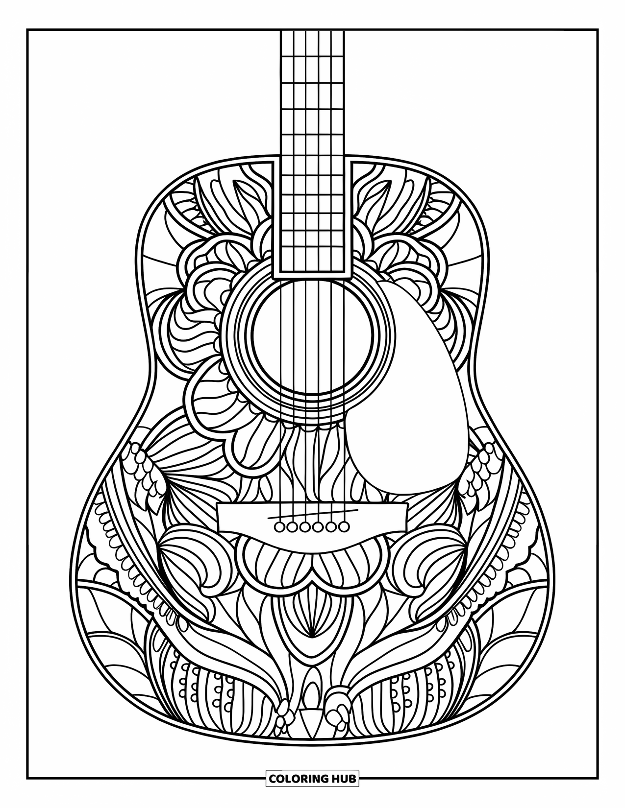 Desen de colorat cu chitară pentru adulți: O chitară acustică plină de modele complicate de mandala stă pe o pagină albă